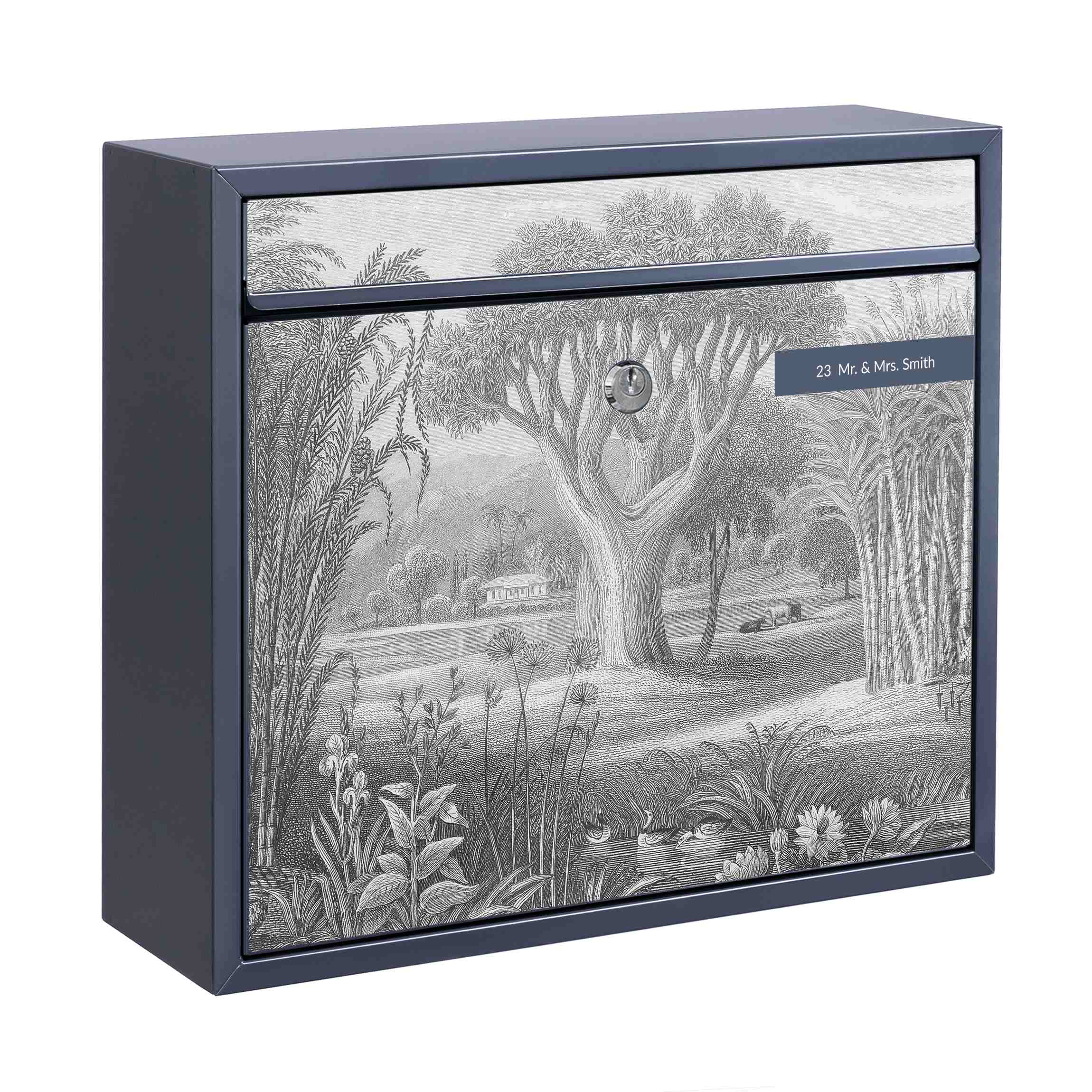 Briefkasten mit eigenem Text Tropischer Kupferstich Garten mit Teich in Grau