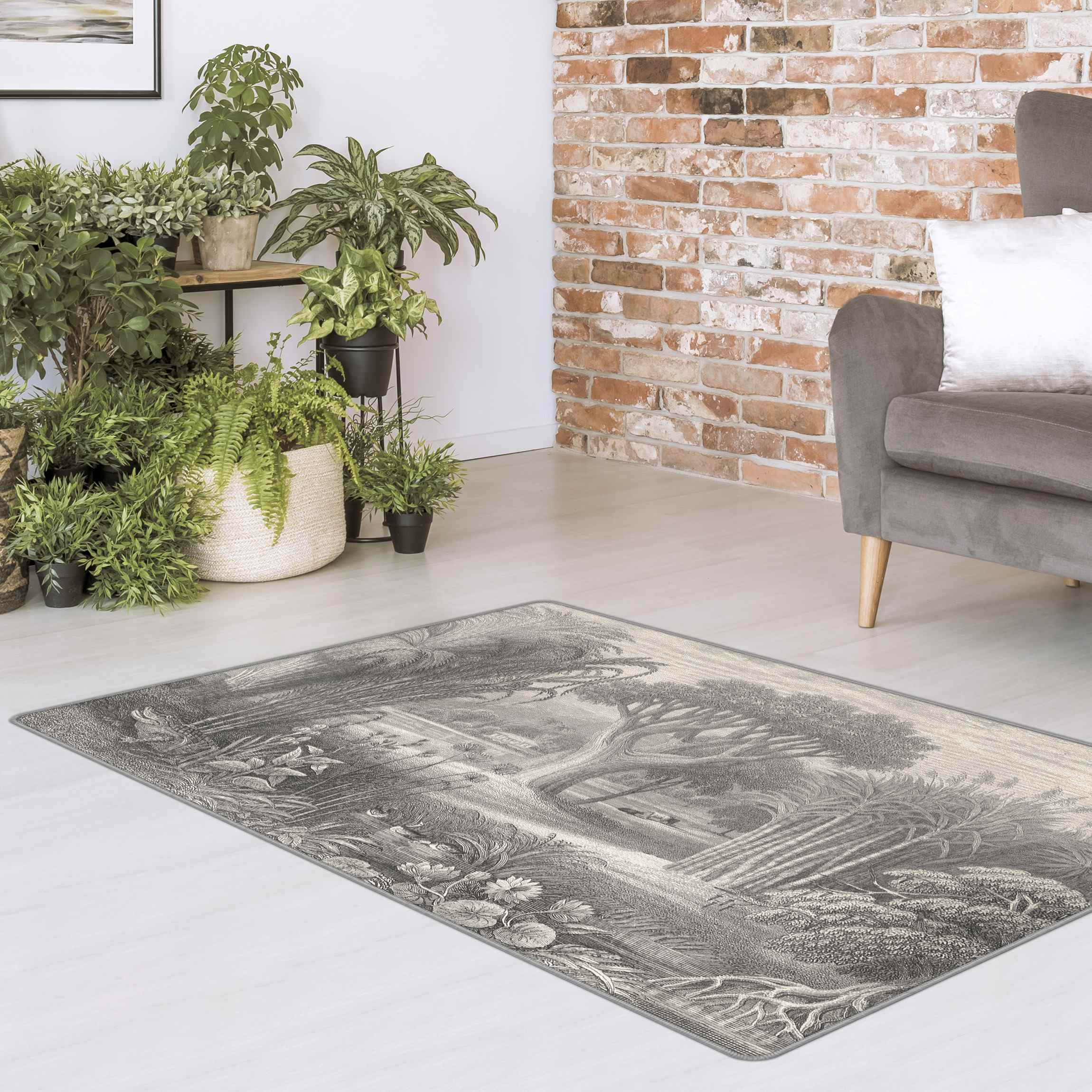 Teppich Tropischer Kupferstich Garten mit Teich in Grau