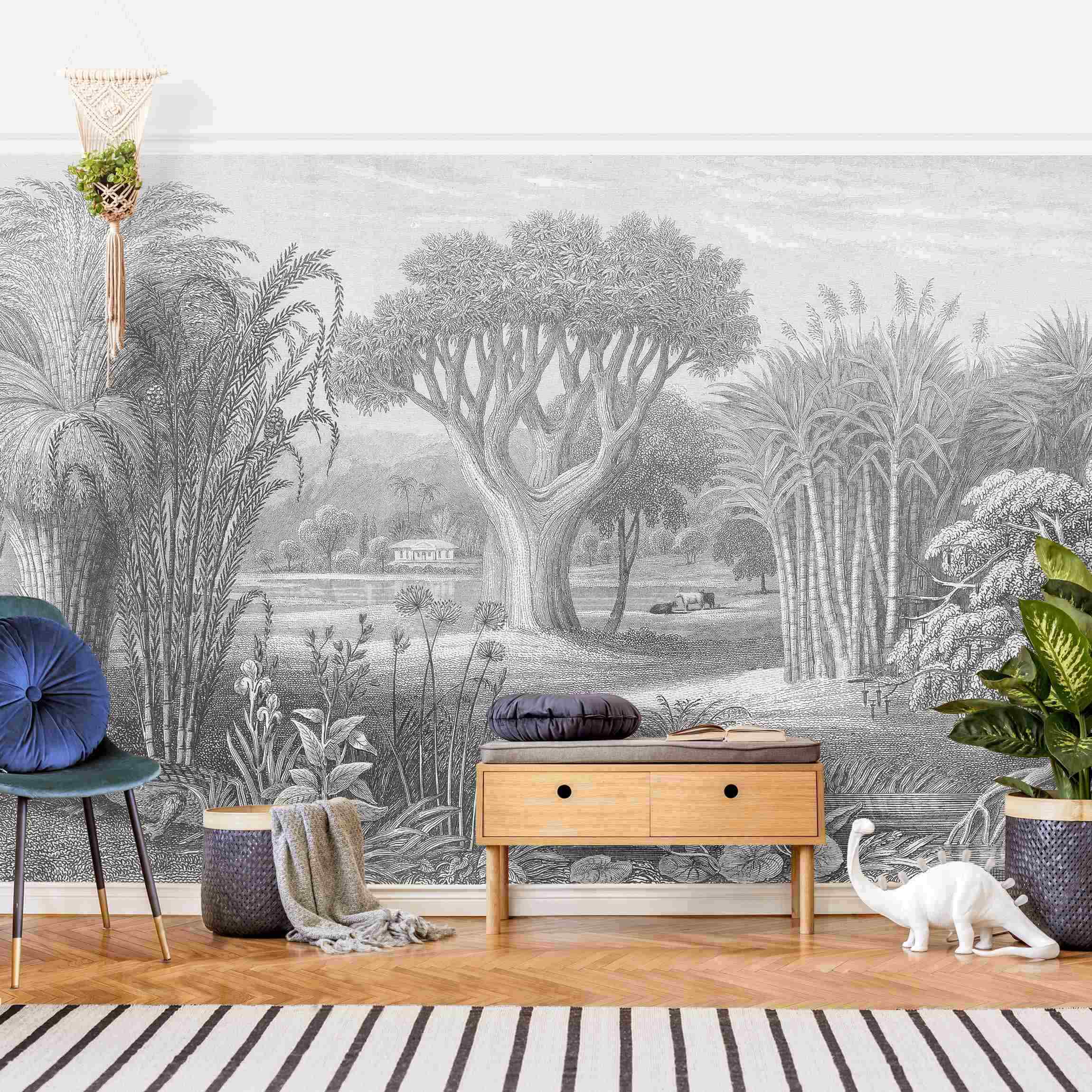 Fototapete Tropischer Kupferstich Garten mit Teich in Grau