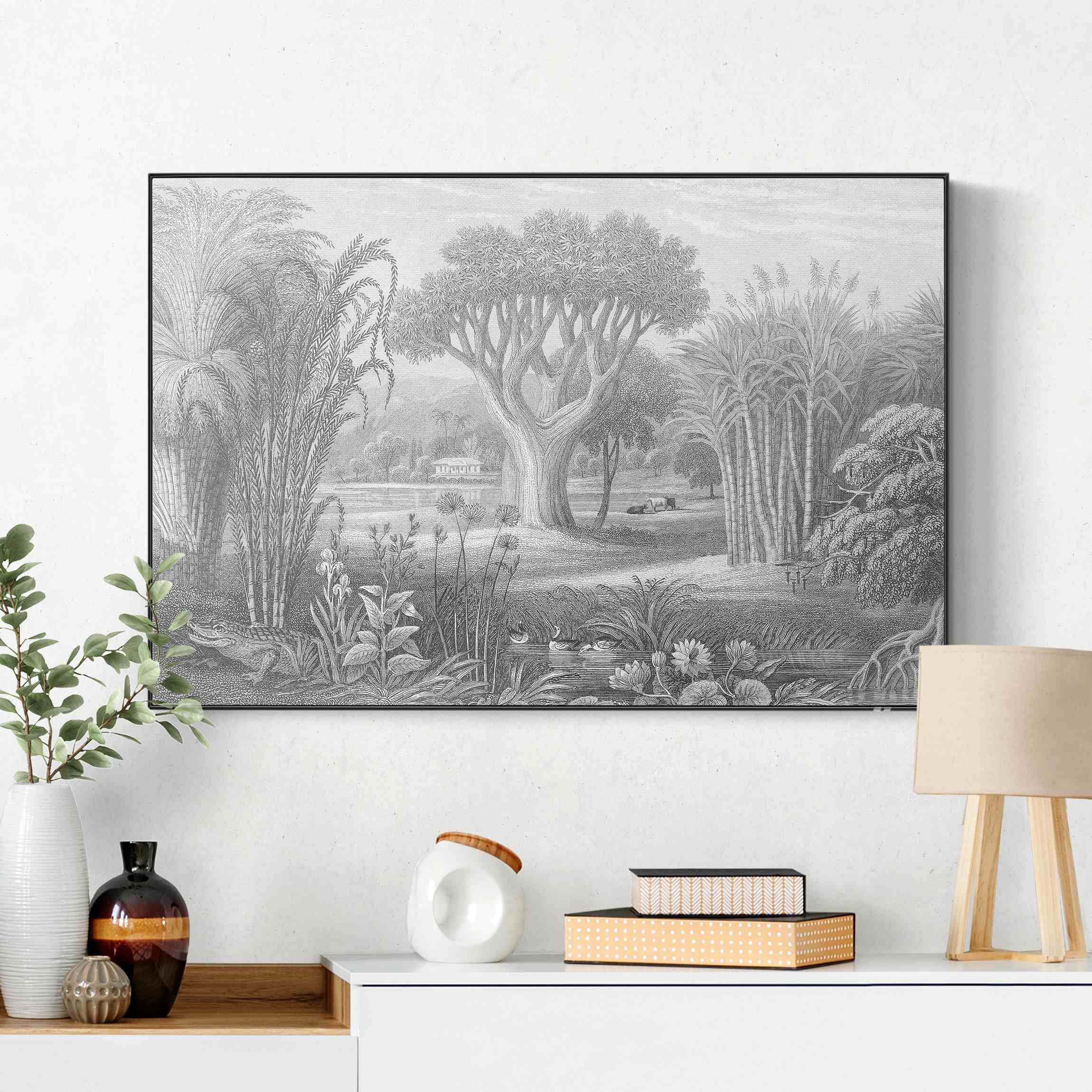 Akustik-Wechselbild Tropischer Kupferstich Garten mit Teich in Grau
