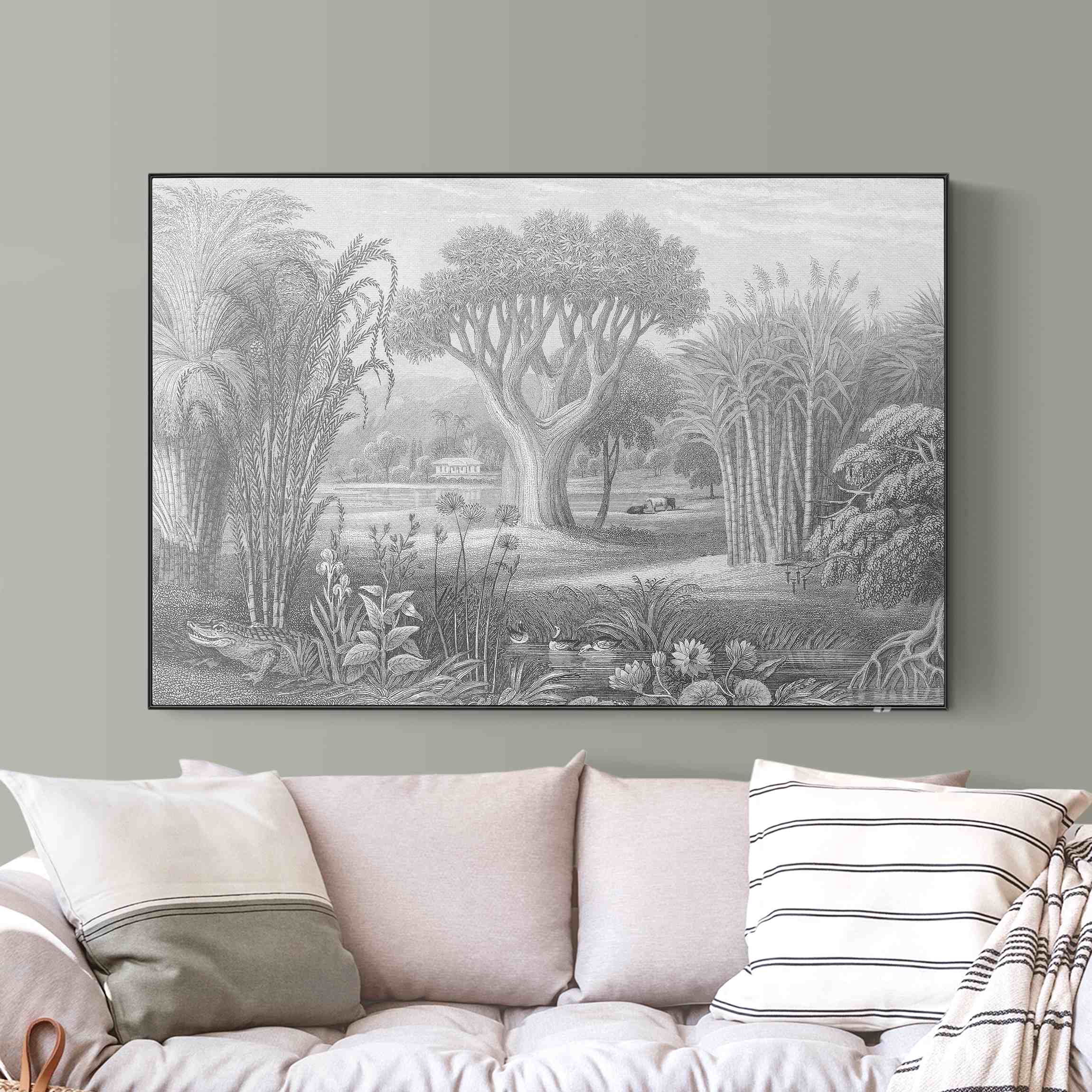 Akustik-Wechselbild Tropischer Kupferstich Garten mit Teich in Grau