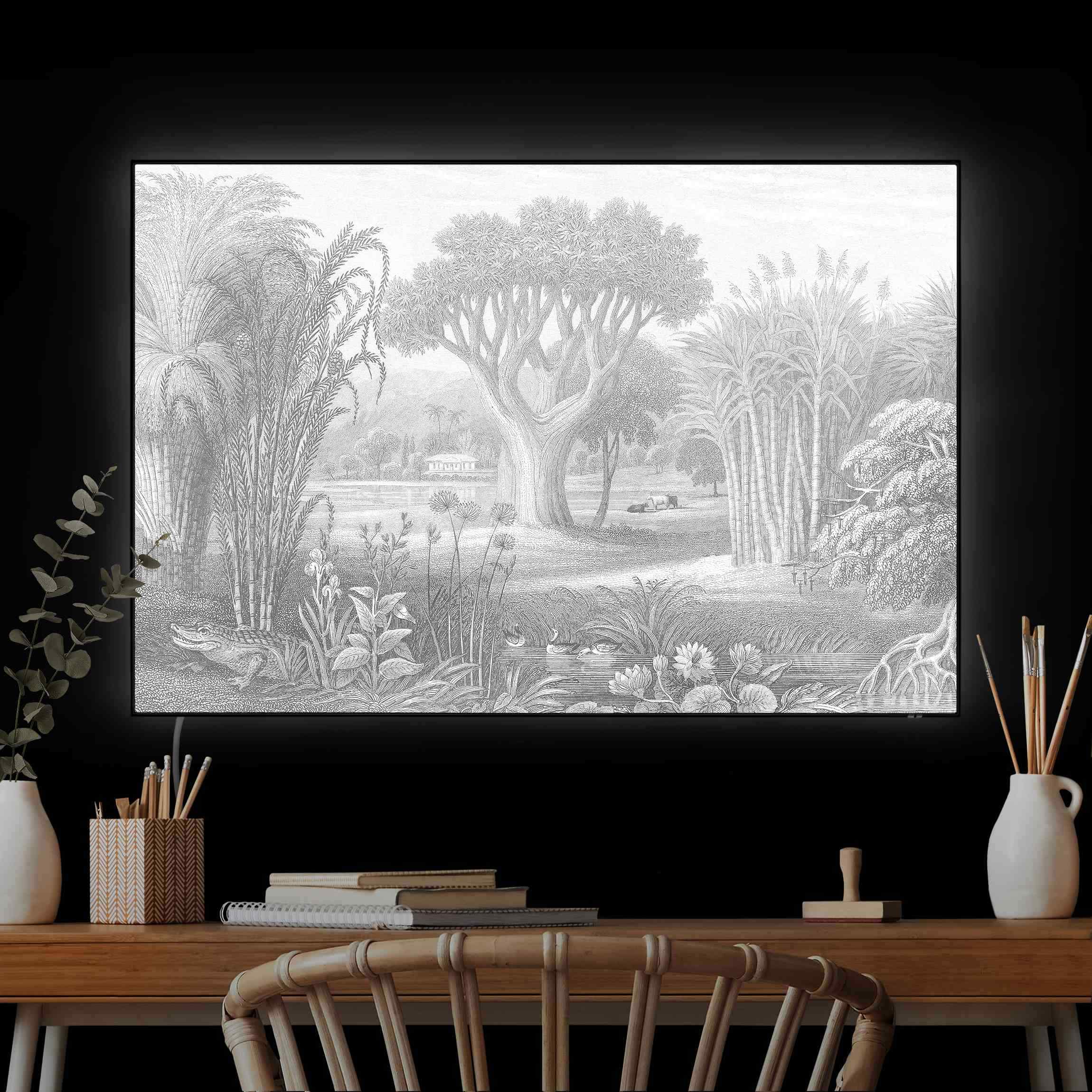 LED-Wechselbild Tropischer Kupferstich Garten mit Teich in Grau