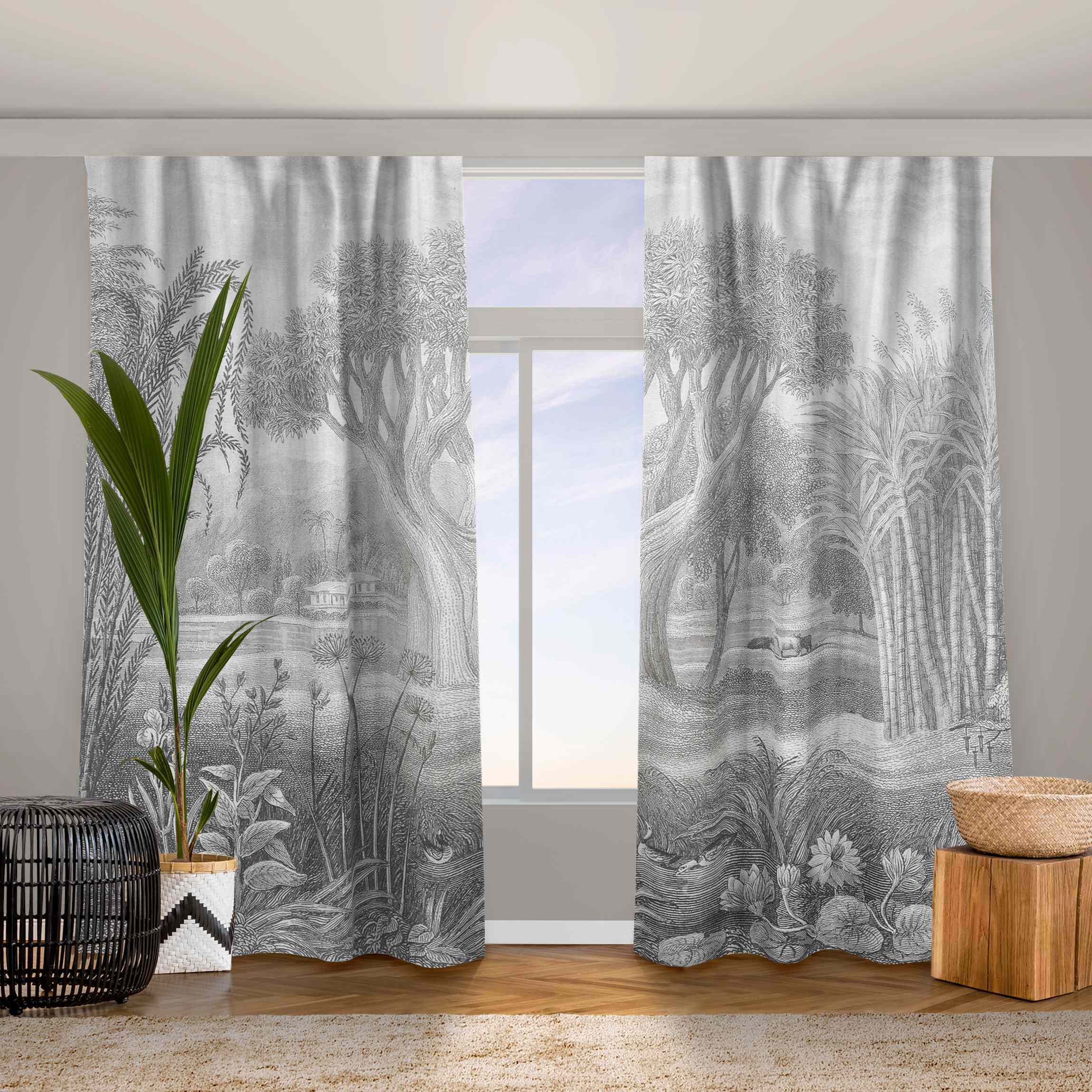 Vorhang Tropischer Kupferstich Garten mit Teich in Grau
