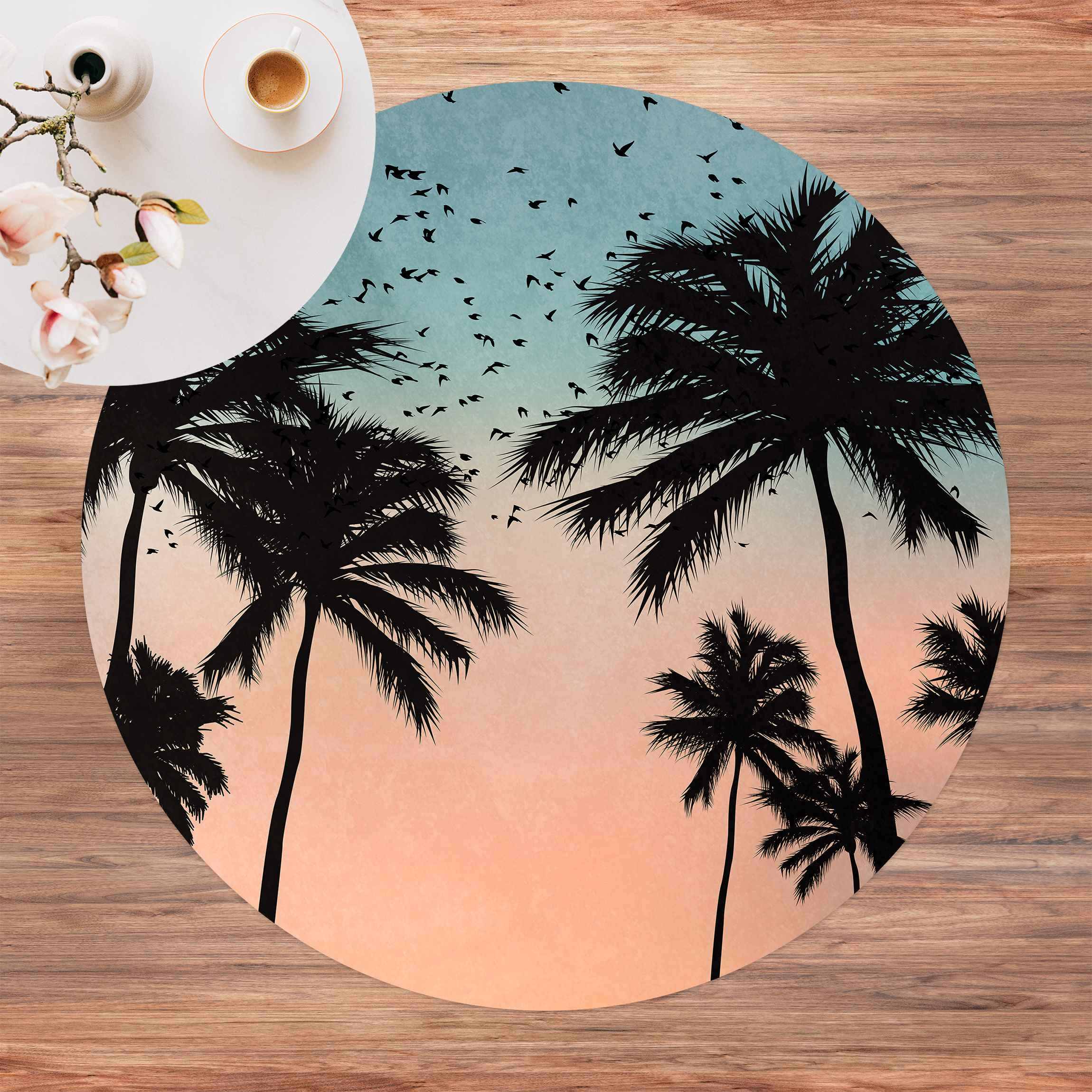 Runder Vinyl-Teppich Tropischer Sonnenaufgang in Blau Rosa