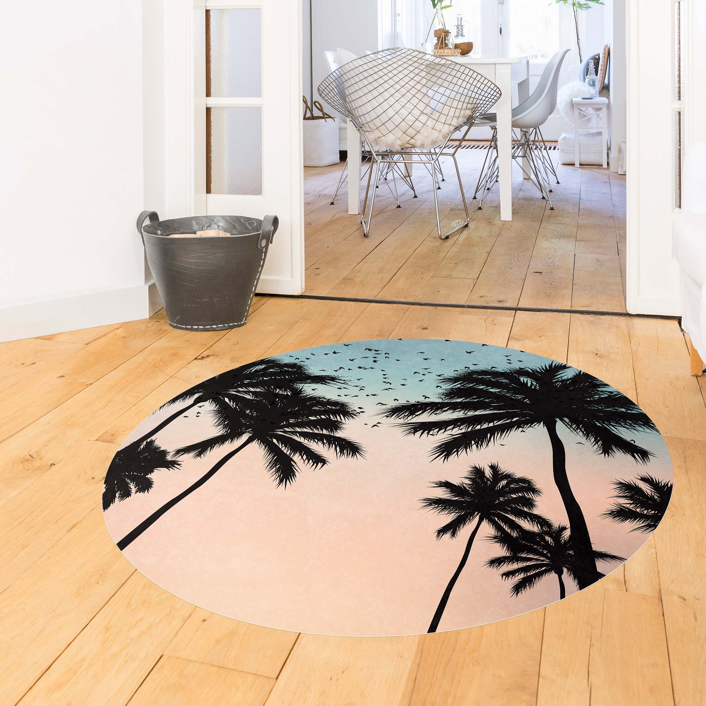 Runder Vinyl-Teppich Tropischer Sonnenaufgang in Blau Rosa