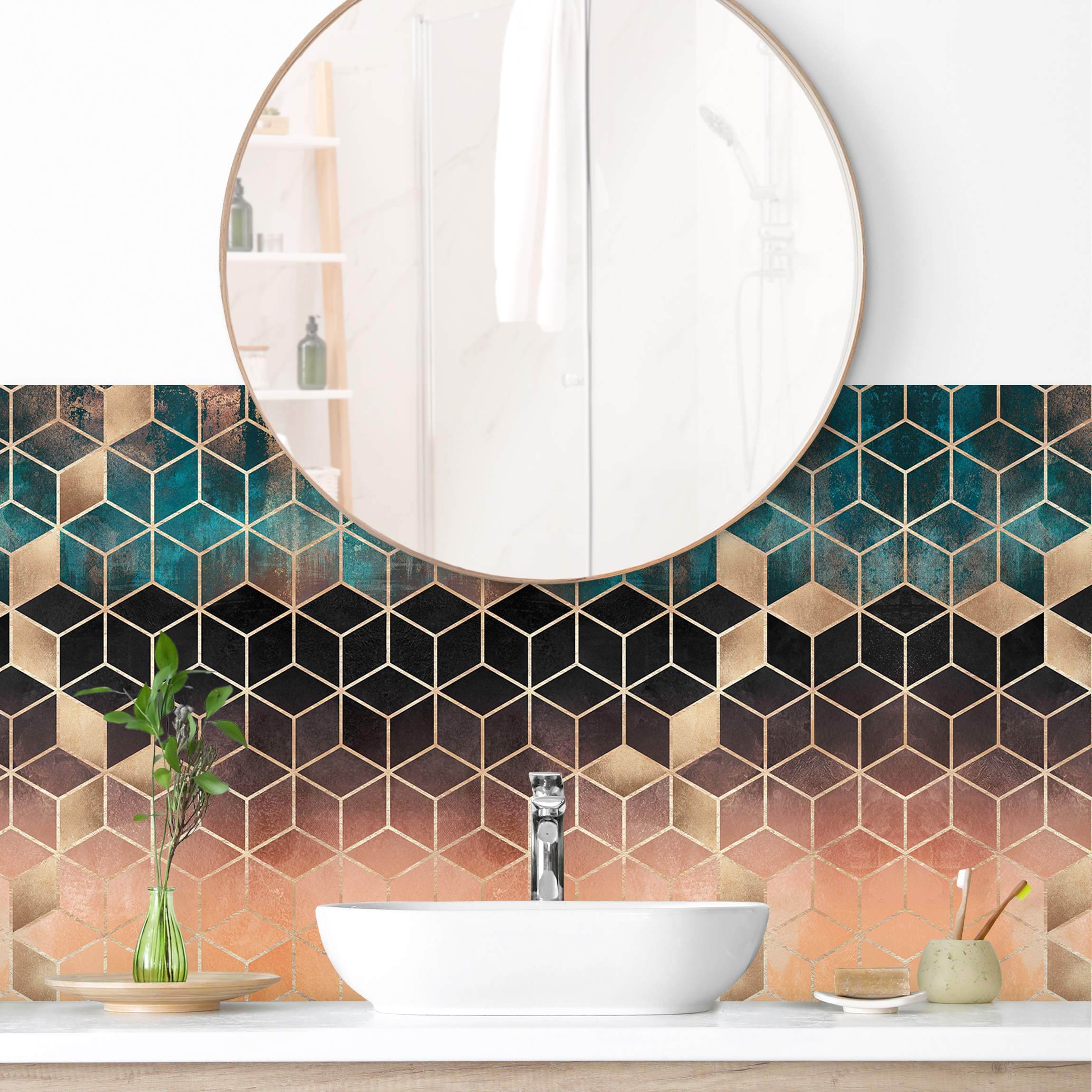 Wandverkleidung Bad Türkis Rosé goldene Geometrie II