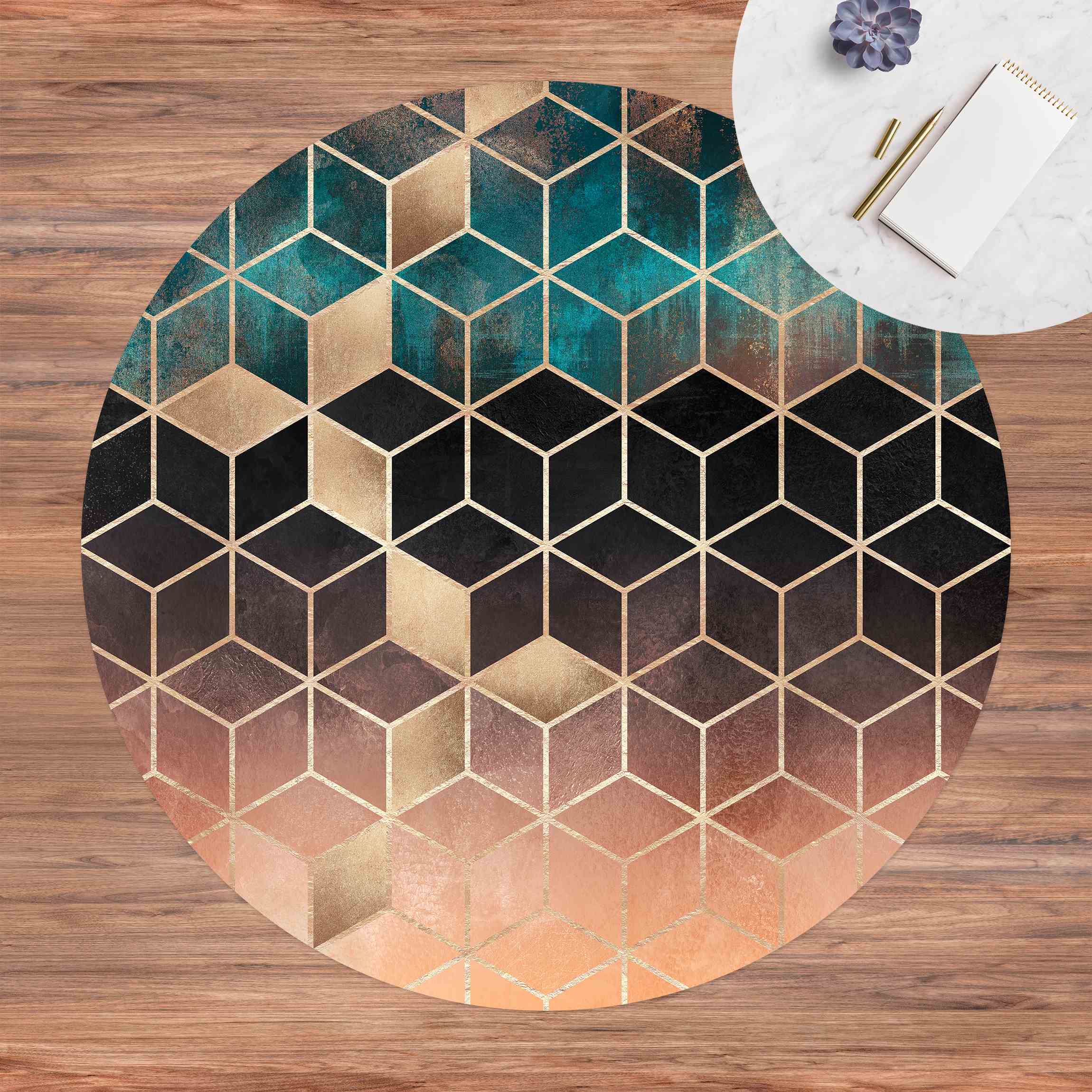 Runder Vinyl-Teppich Türkis Rosé goldene Geometrie
