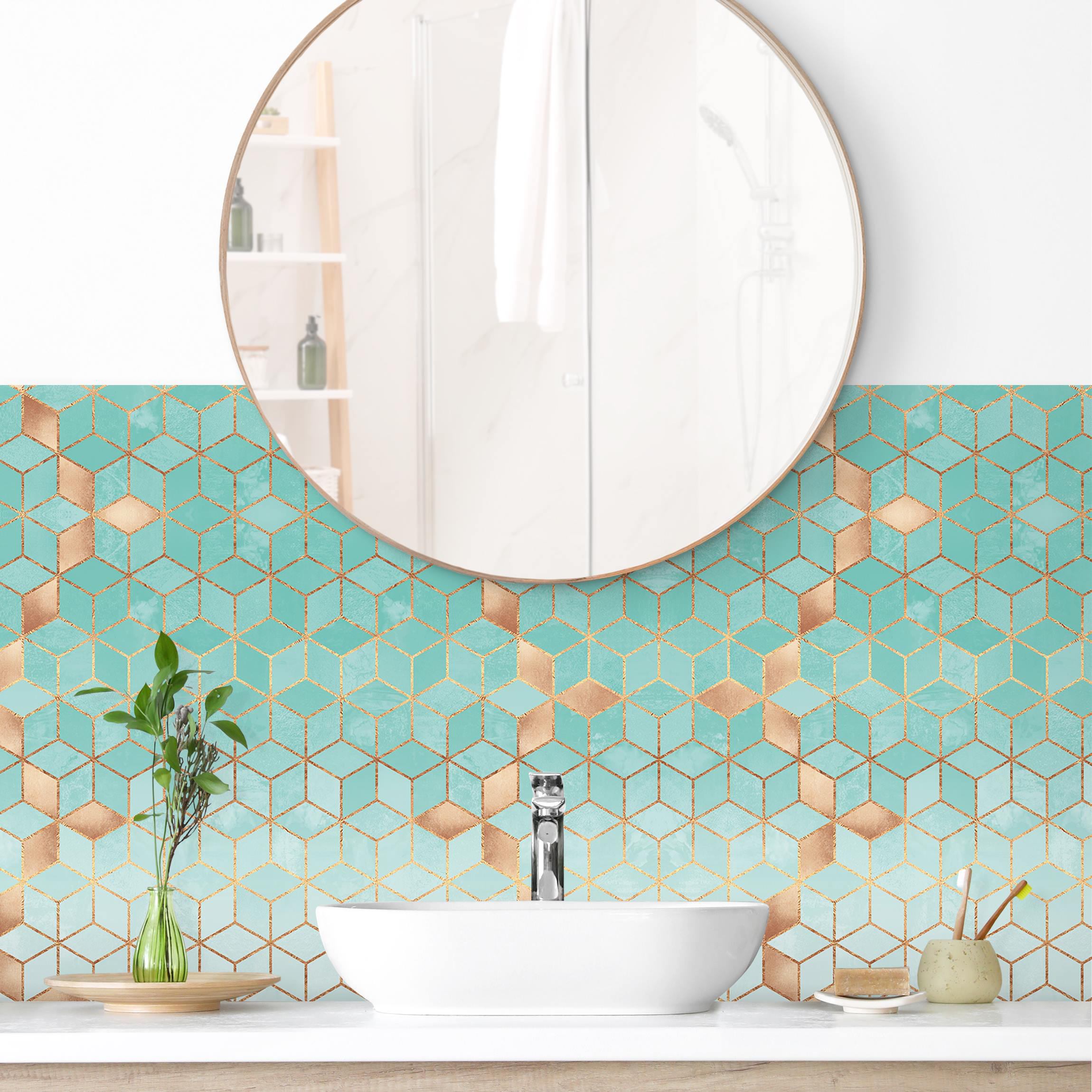 Wandverkleidung Bad Türkis Weiß goldene Geometrie II