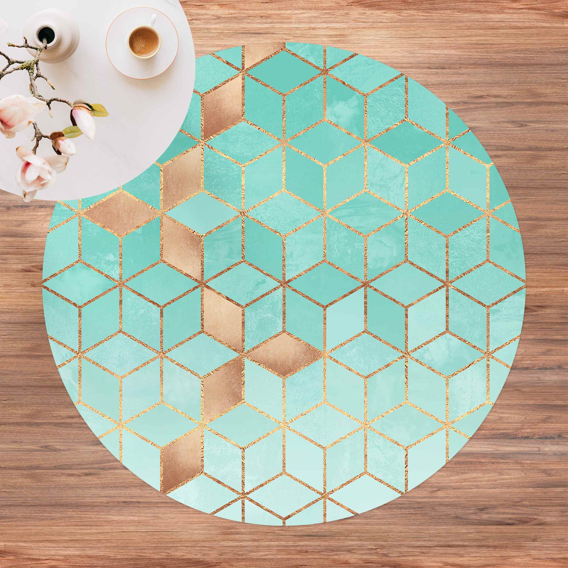 Runder Vinyl-Teppich Türkis Weiß goldene Geometrie