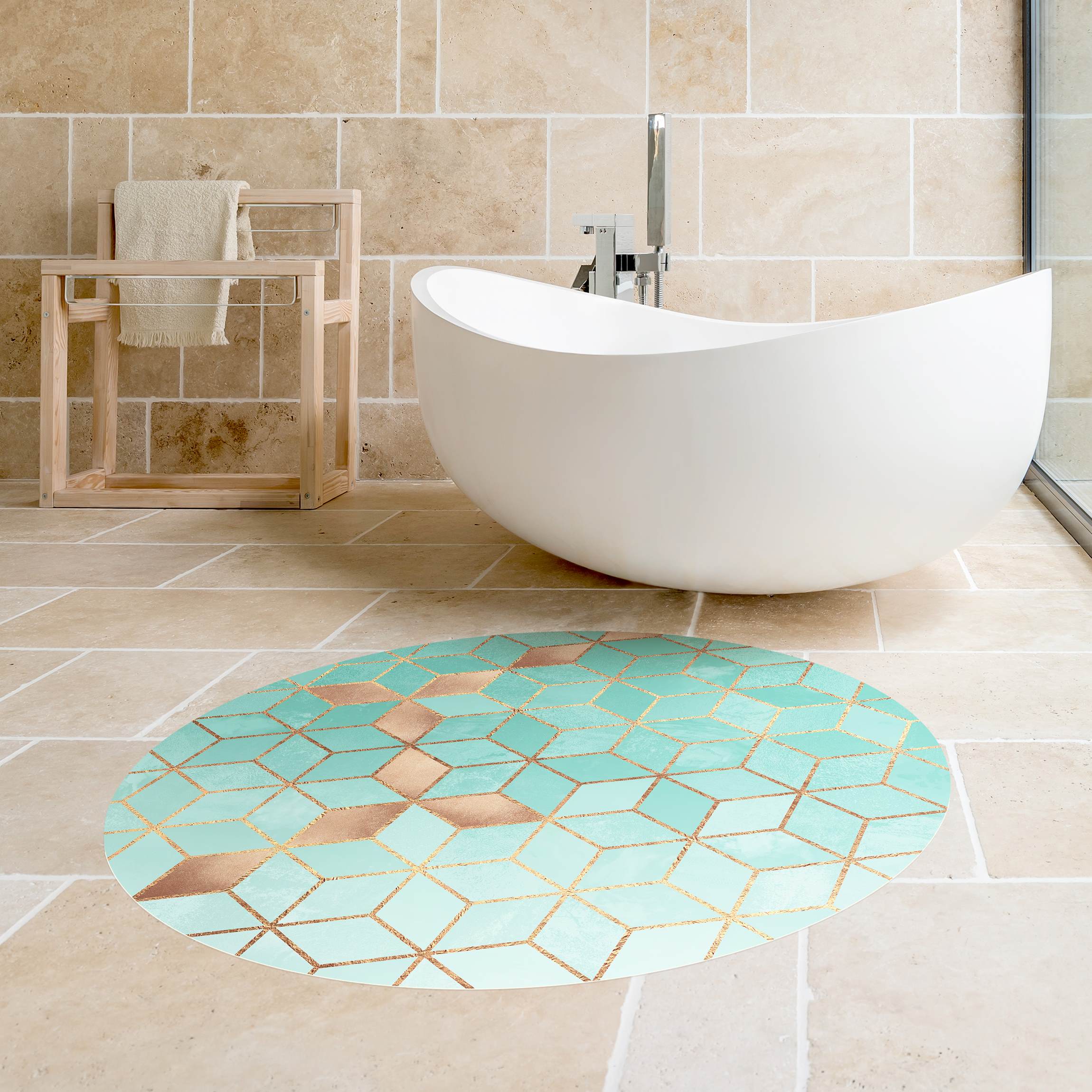 Runder Vinyl-Teppich Türkis Weiß goldene Geometrie