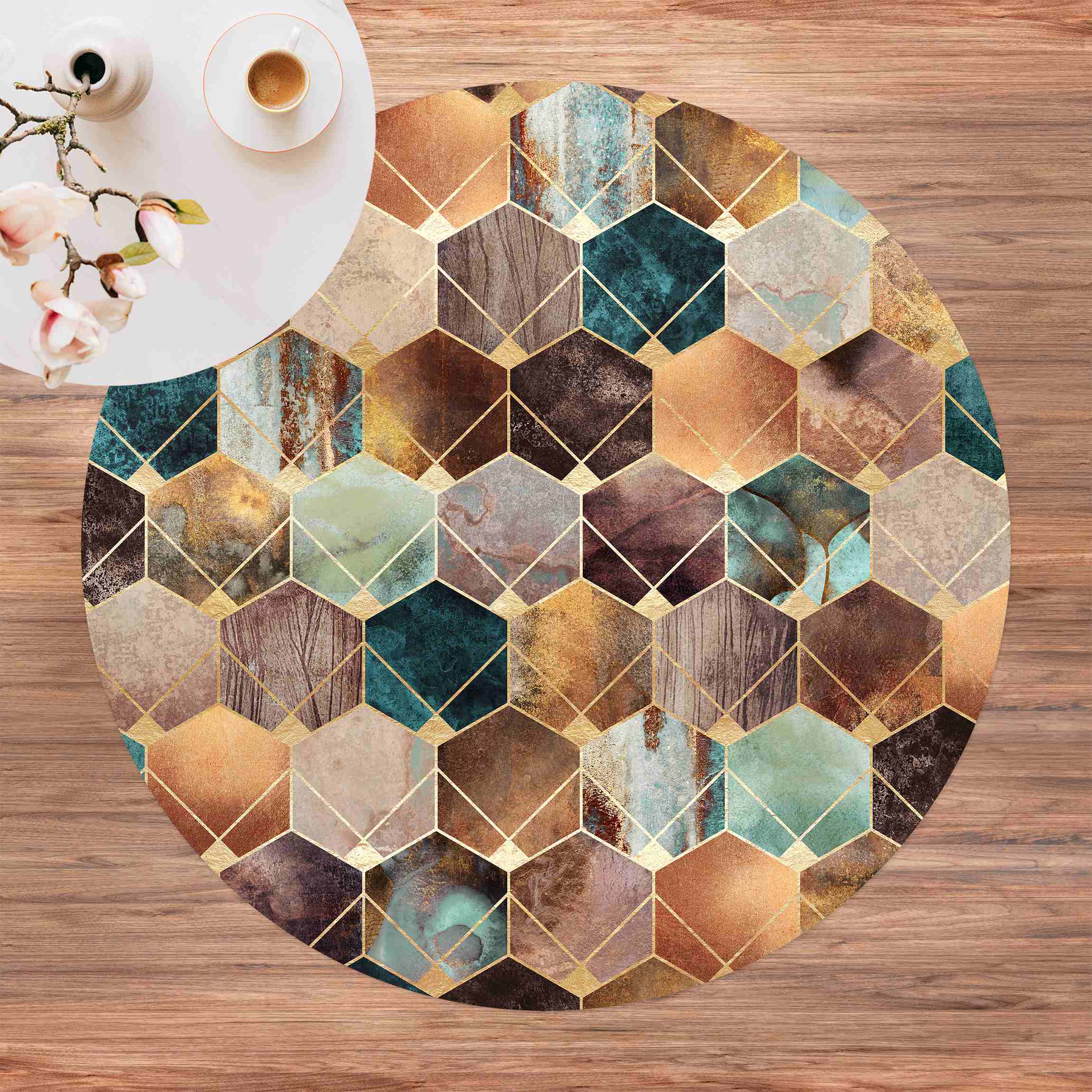 Runder Vinyl-Teppich Türkise Geometrie goldenes Art Deco