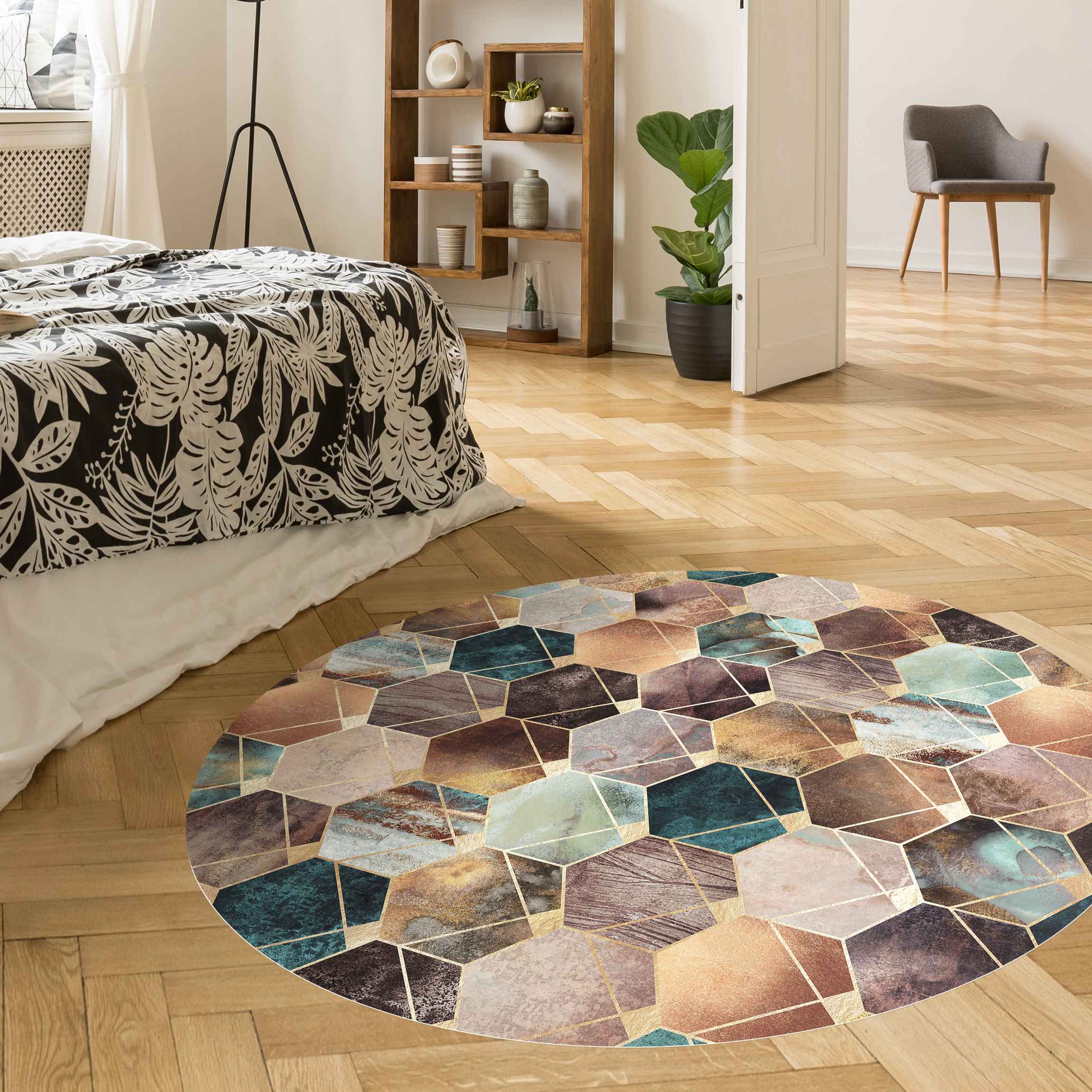 Runder Vinyl-Teppich Türkise Geometrie goldenes Art Deco
