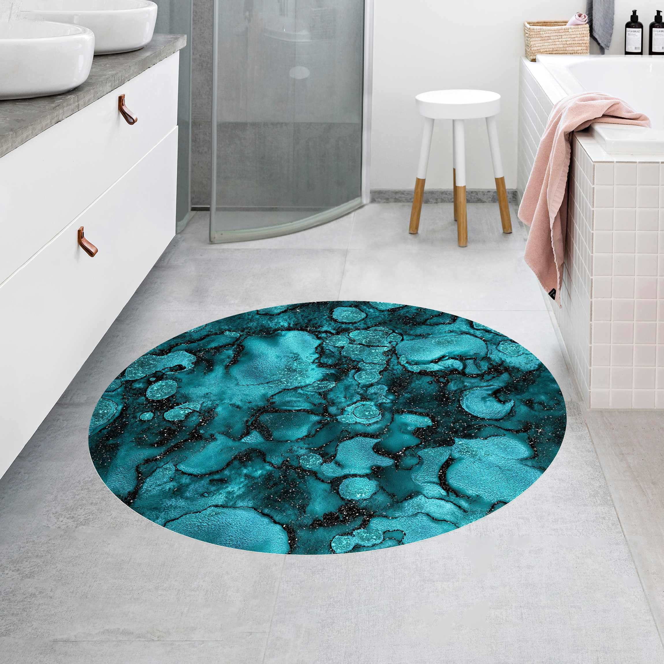 Runder Vinyl-Teppich Türkise Tropfen mit Glitzer