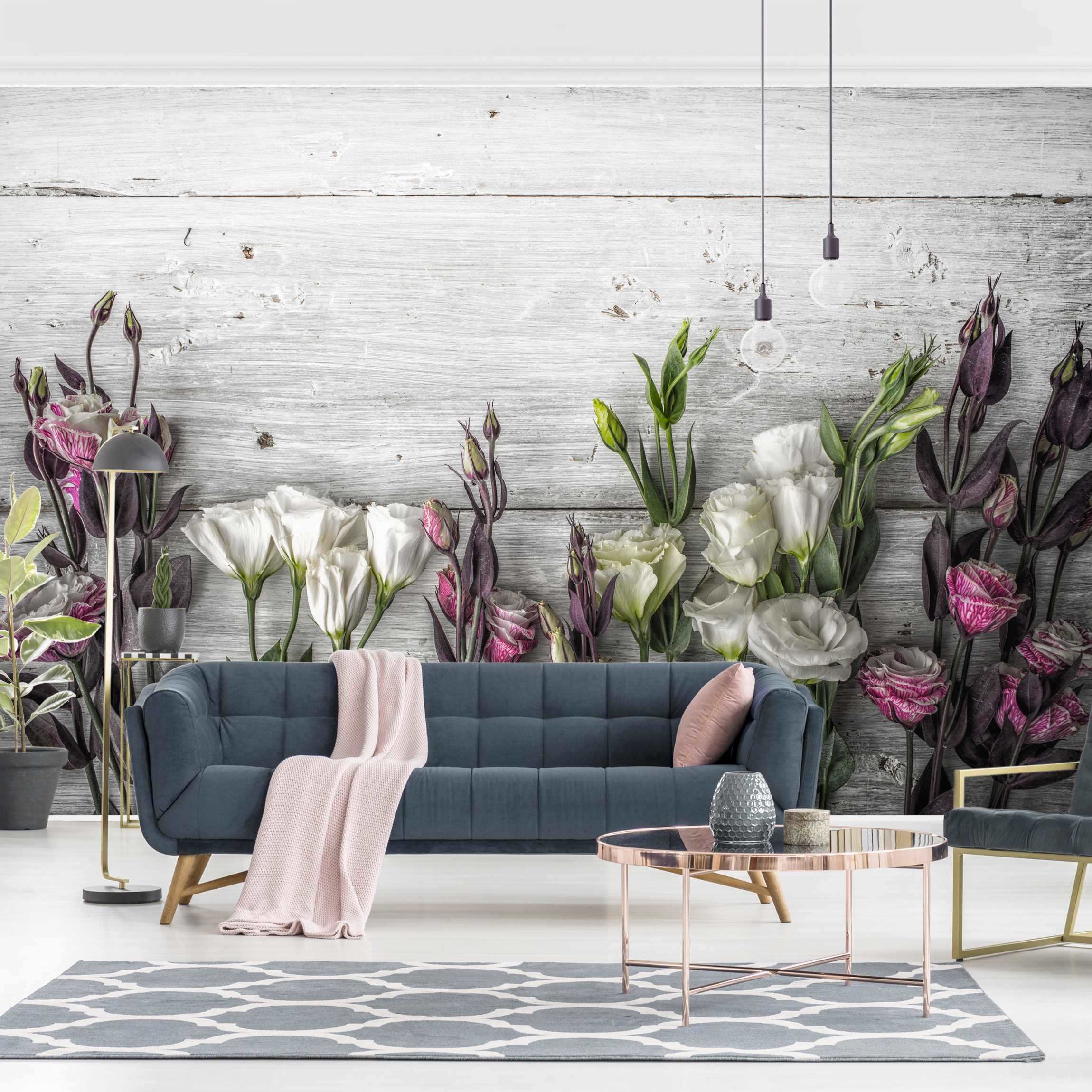 Fototapete Blumen Tulpen-Rose Shabby Holzoptik