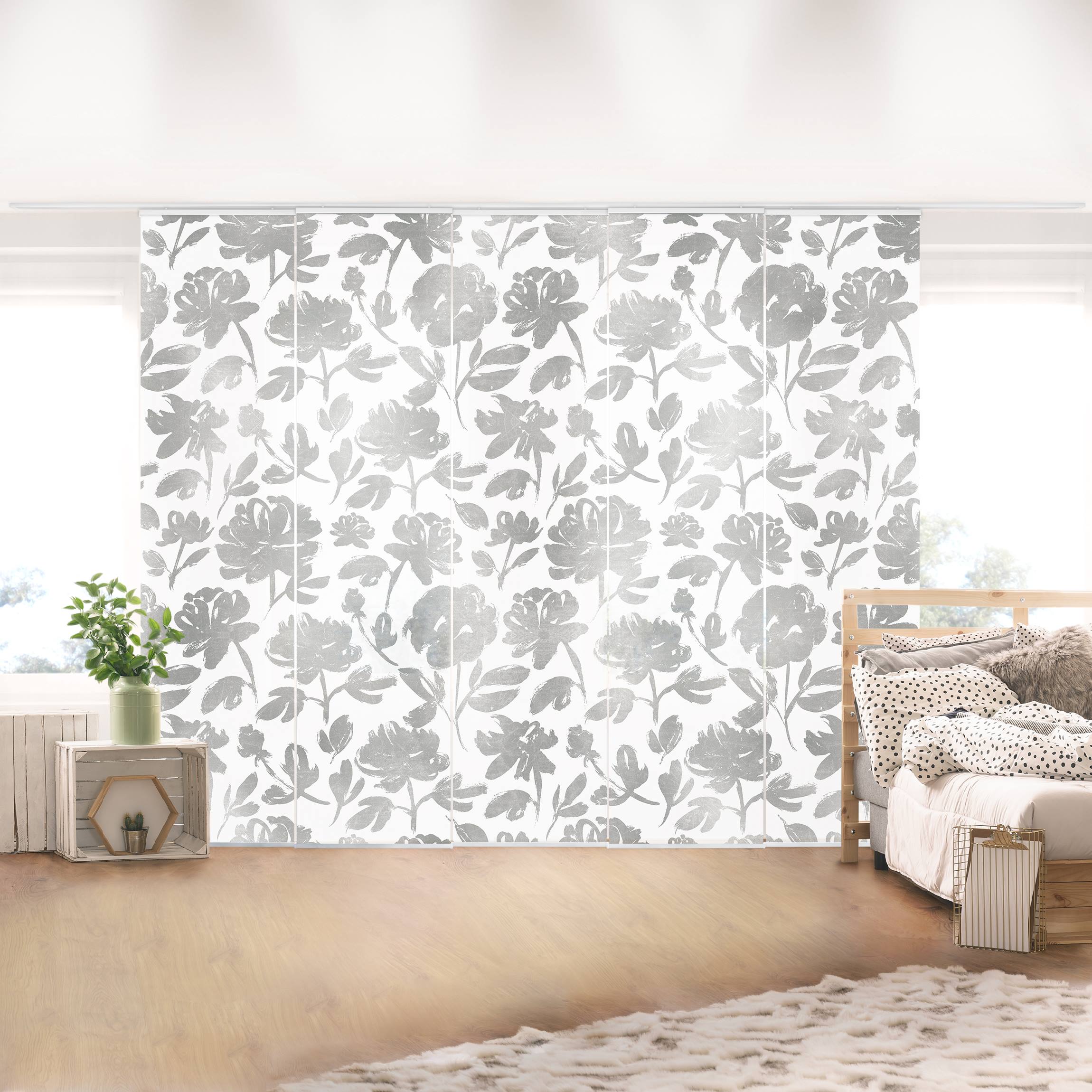 Schiebegardine Tuschezeichnung Silberne Rosen