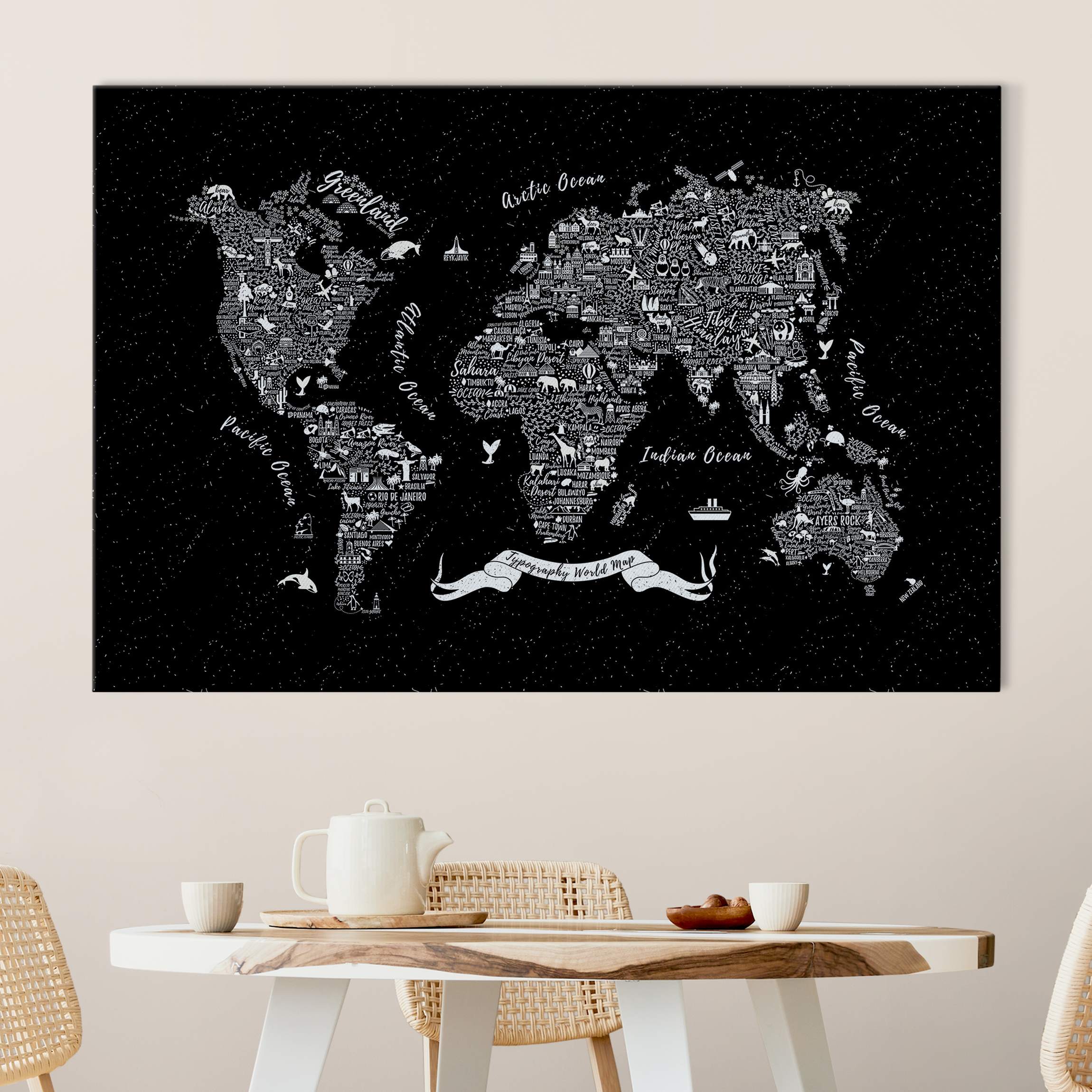 Akustikbild Typografie Weltkarte schwarz