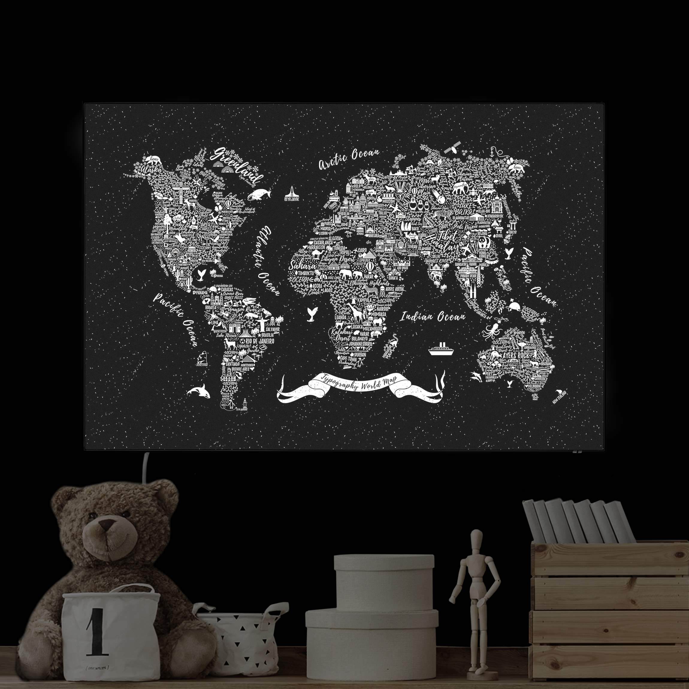 LED-Wechselbild Typografie Weltkarte schwarz