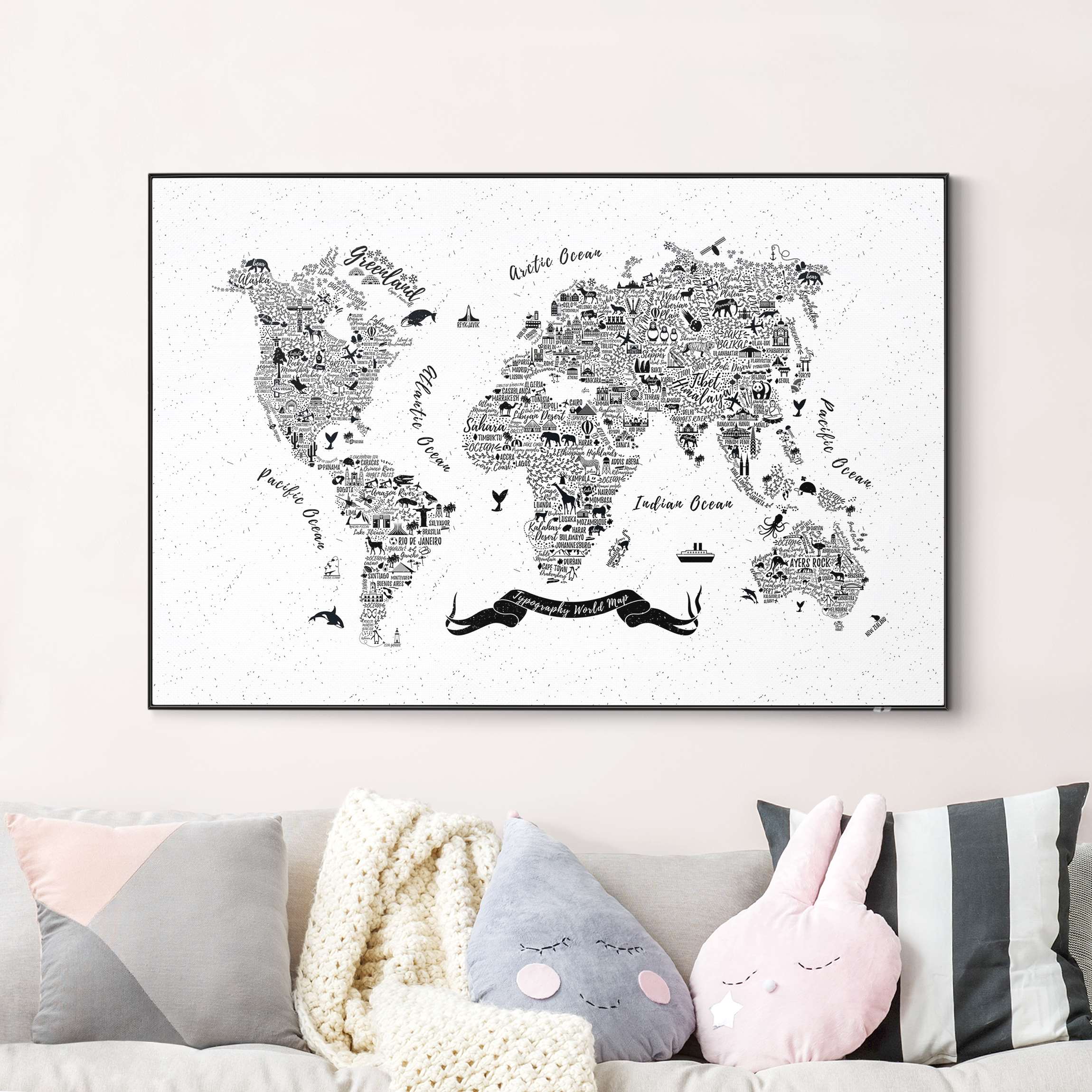 Wechselbild Typografie Weltkarte weiß