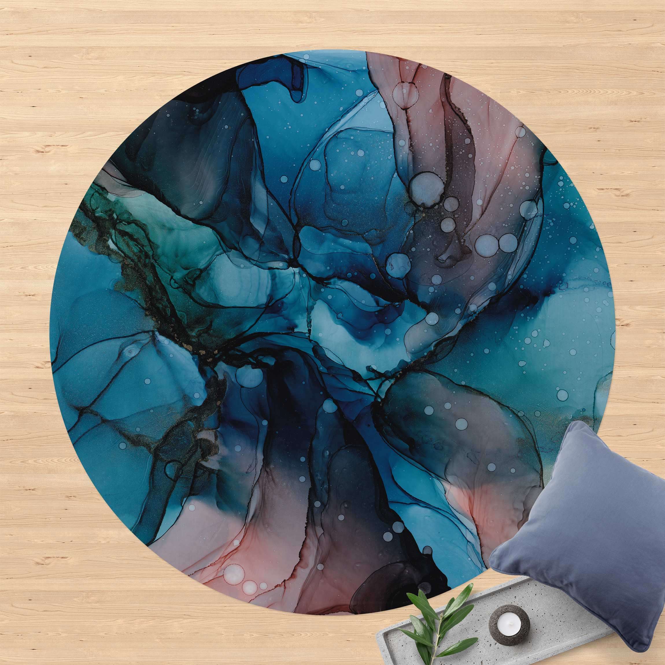 Runder Vinyl-Teppich Unterwasser in Petrol und Rot mit Gold