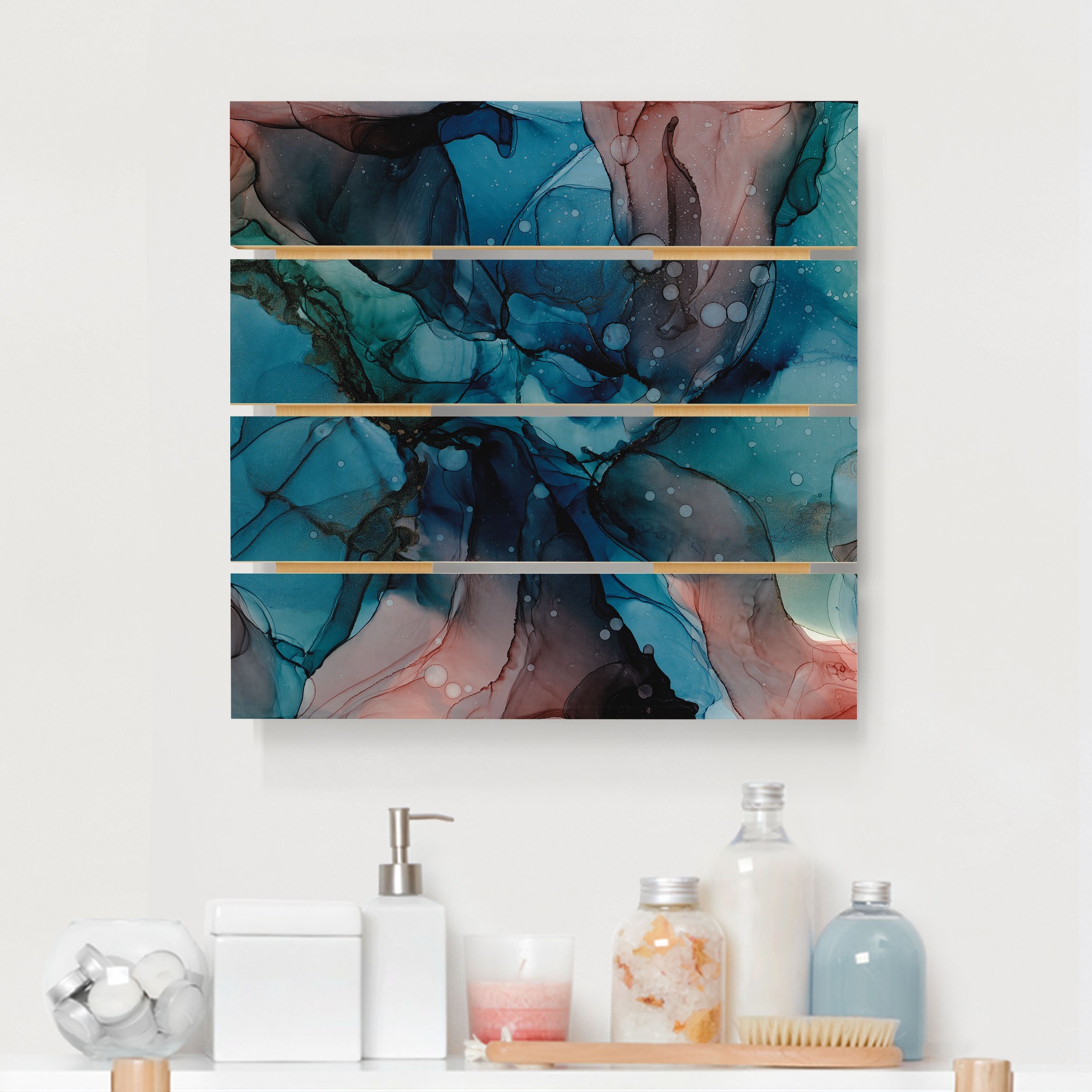 Holzbild Plankenoptik Unterwasser in Petrol und Rot mit Gold