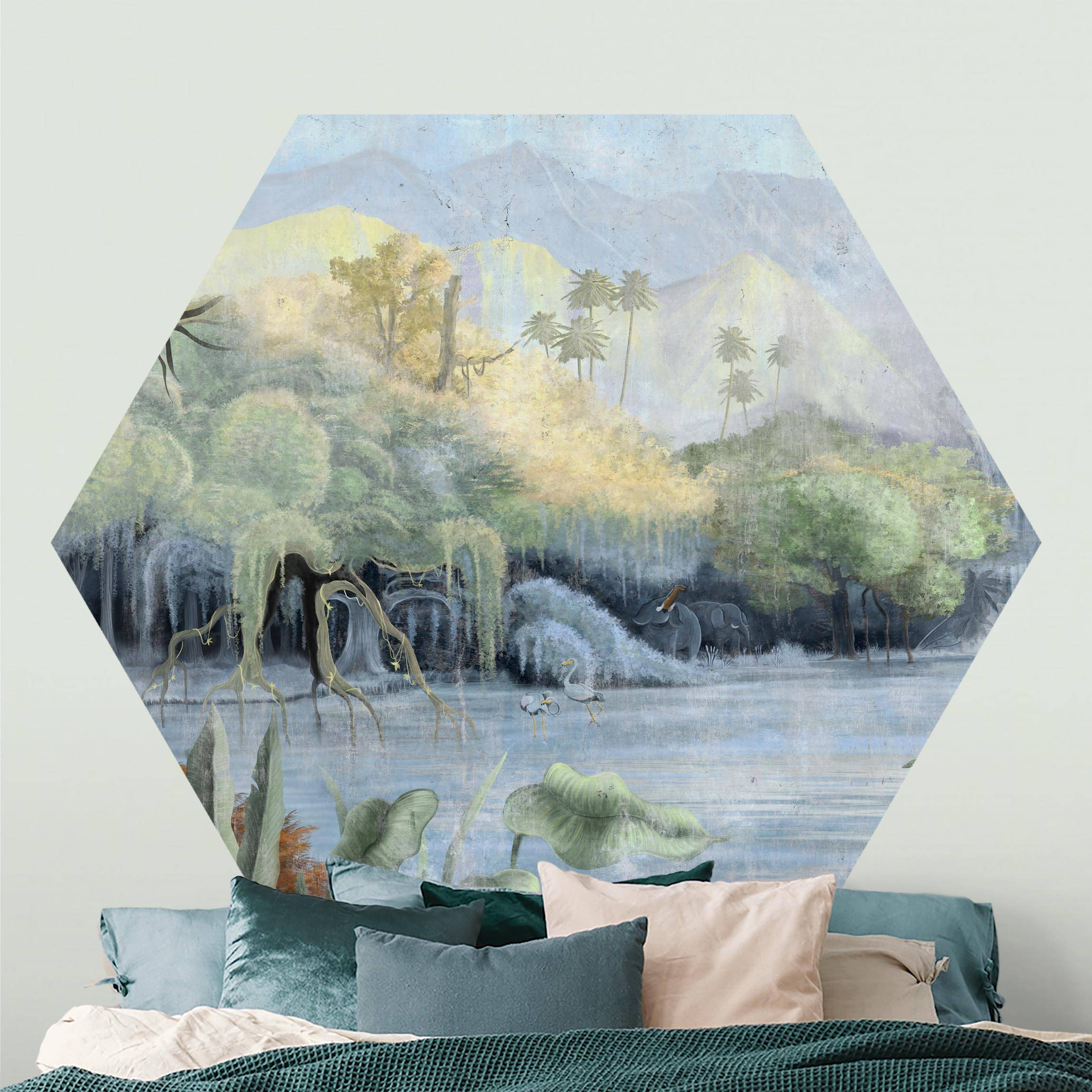 Hexagon Tapete selbstklebend Urzeitliche Landschaft Vintage