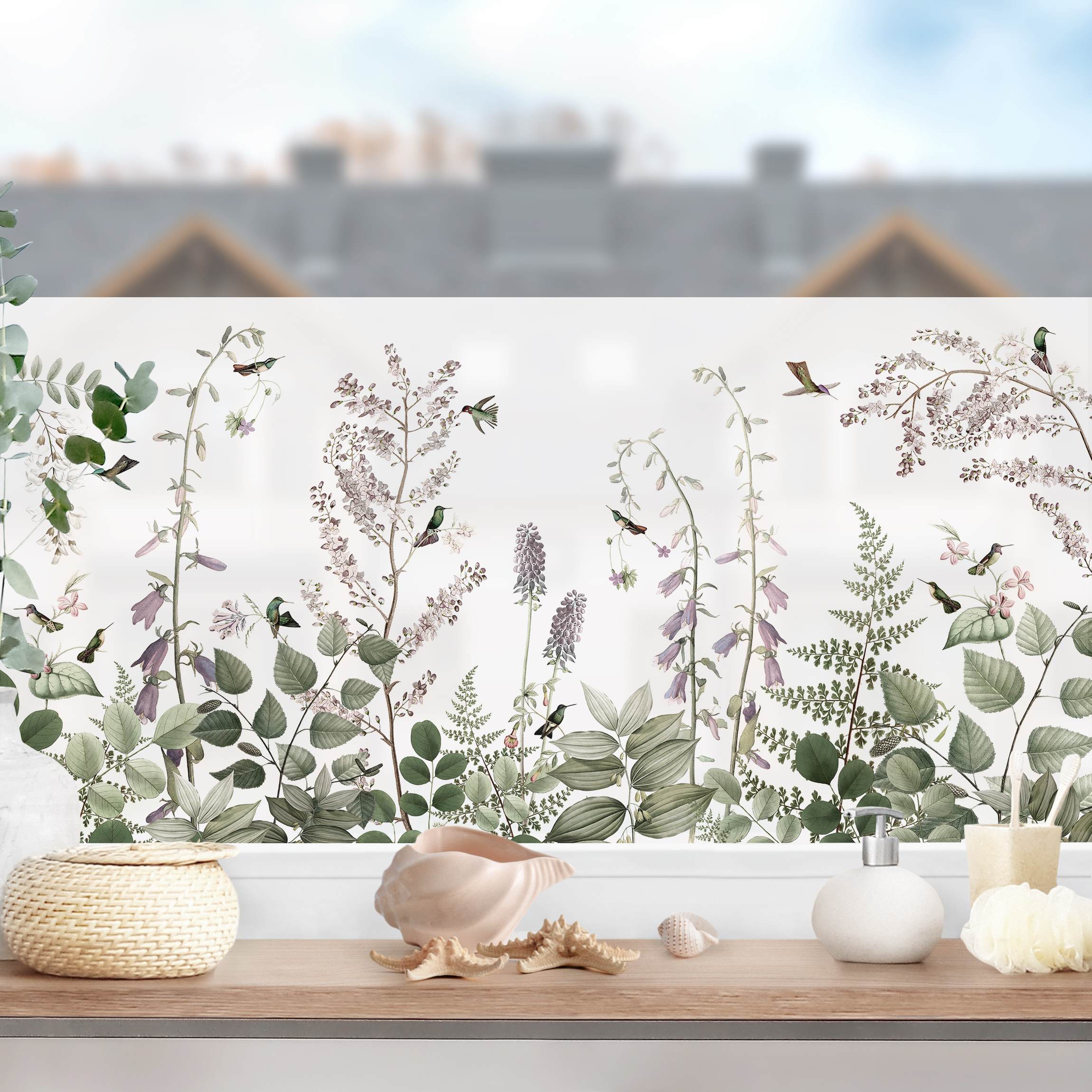 Fensterfolie Verspielte Kolibris zwischen Glockenblumen