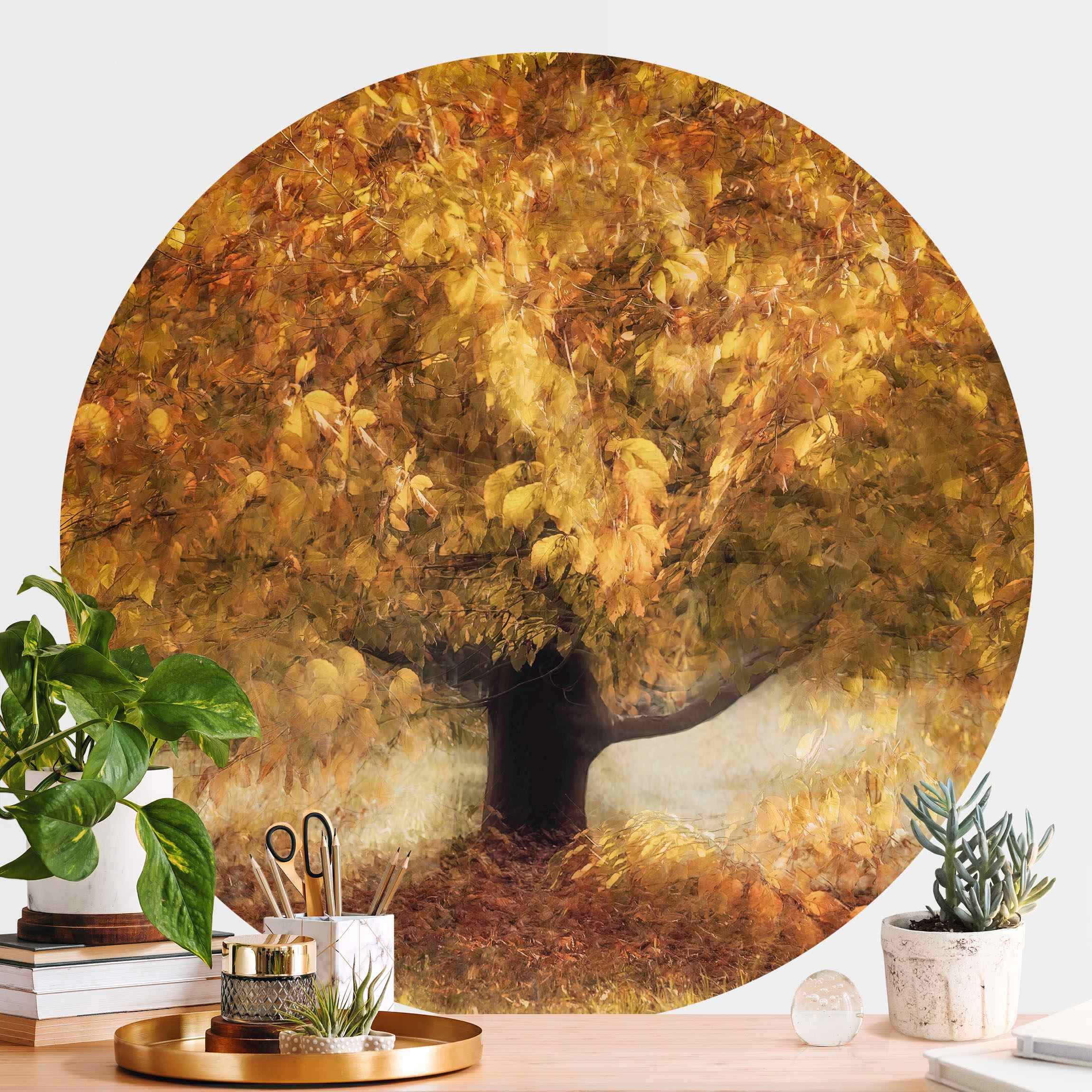 Runde Tapete selbstklebend Verträumter Baum im Herbst