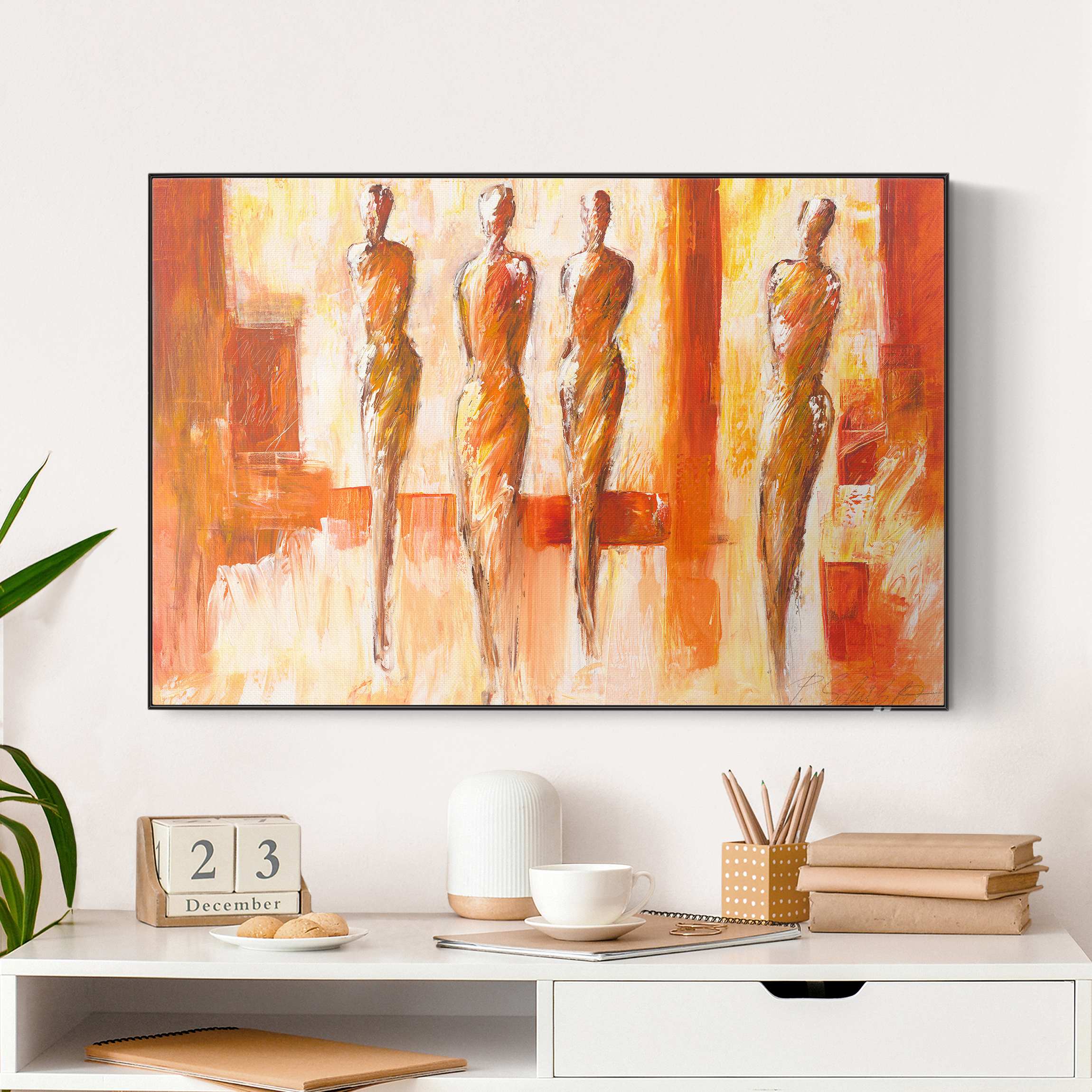 Akustik-Wechselbild Vier Figuren in Orange