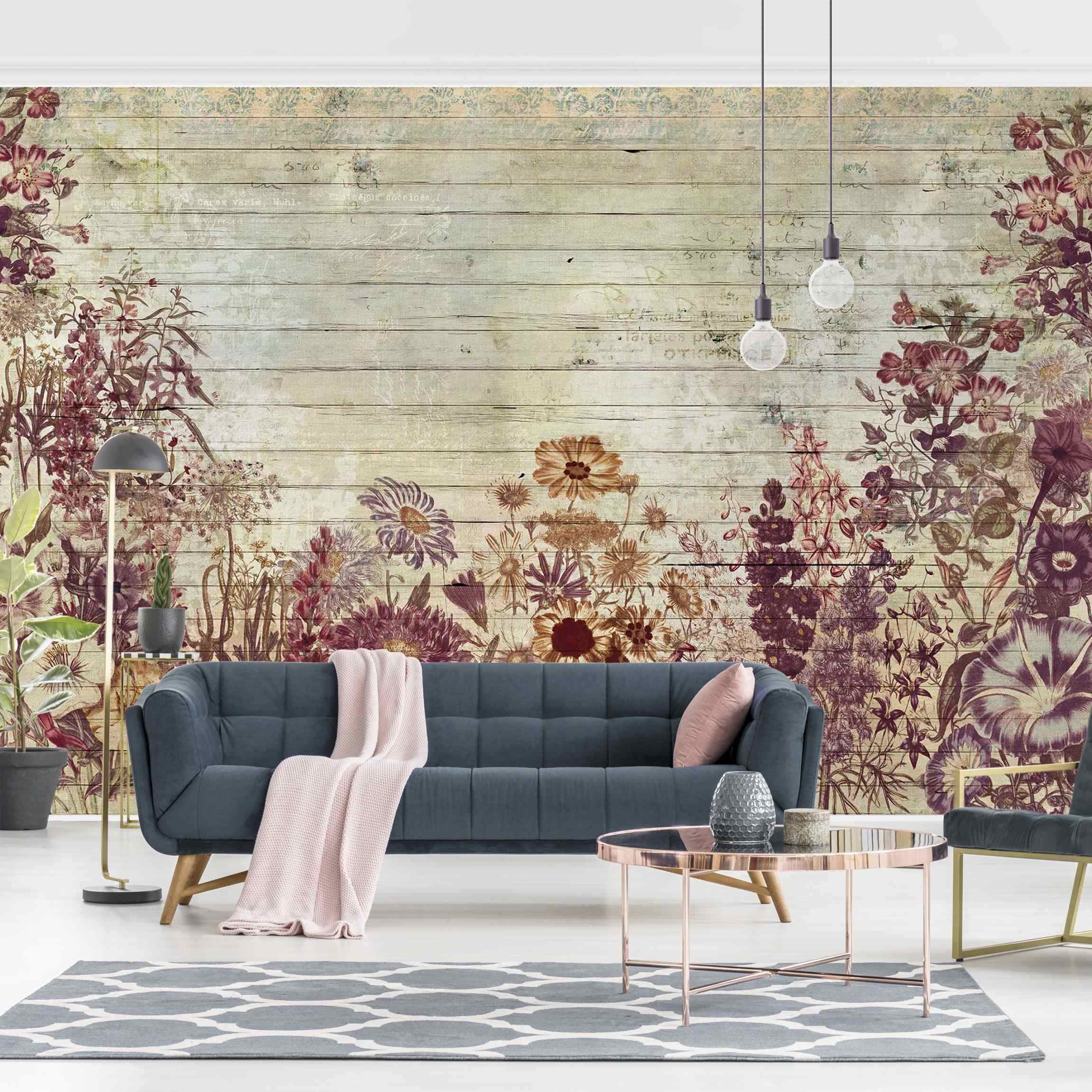 Fototapete Blumen Vintage Blumen Holzoptik