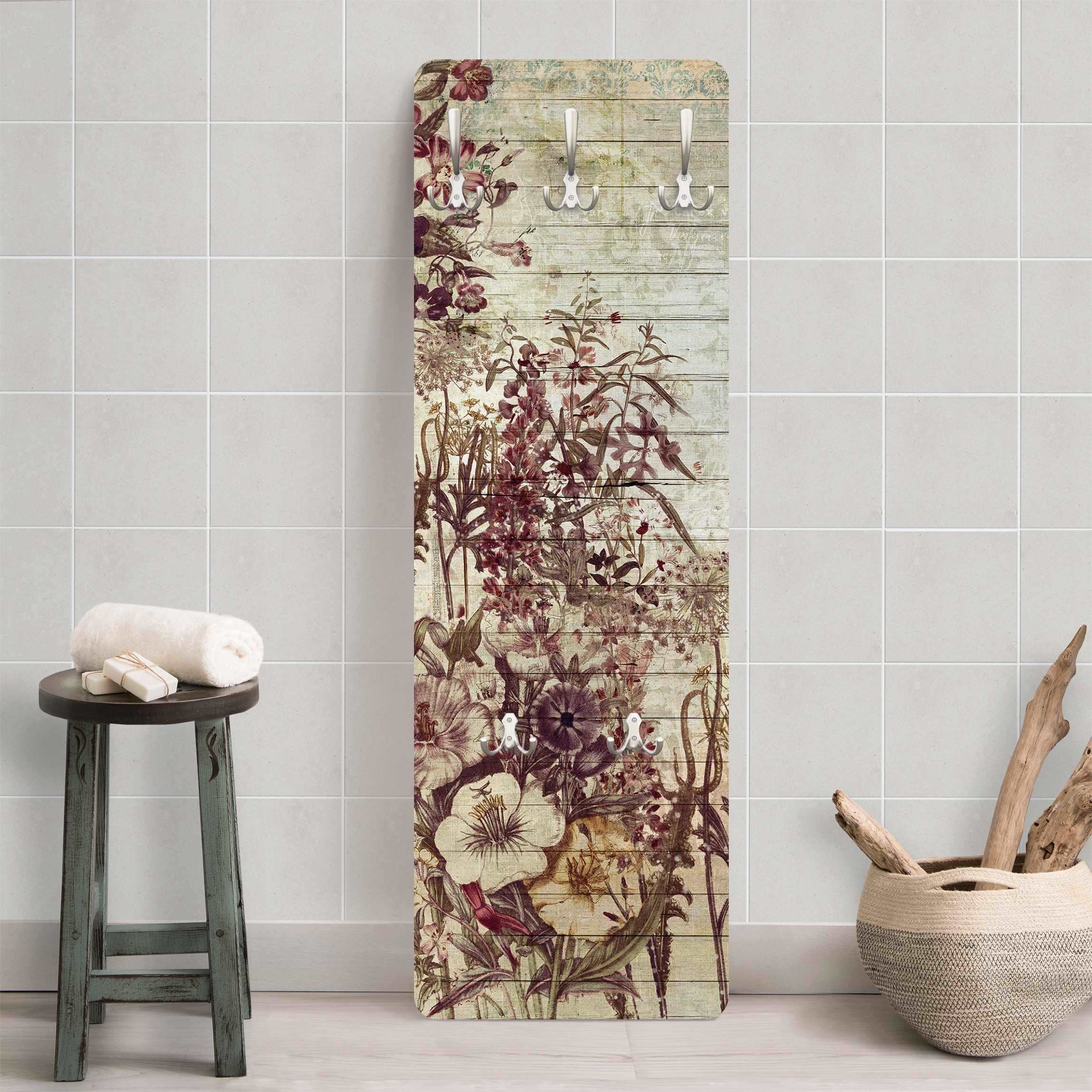 Wandgarderobe Vintage Blumen Holzoptik
