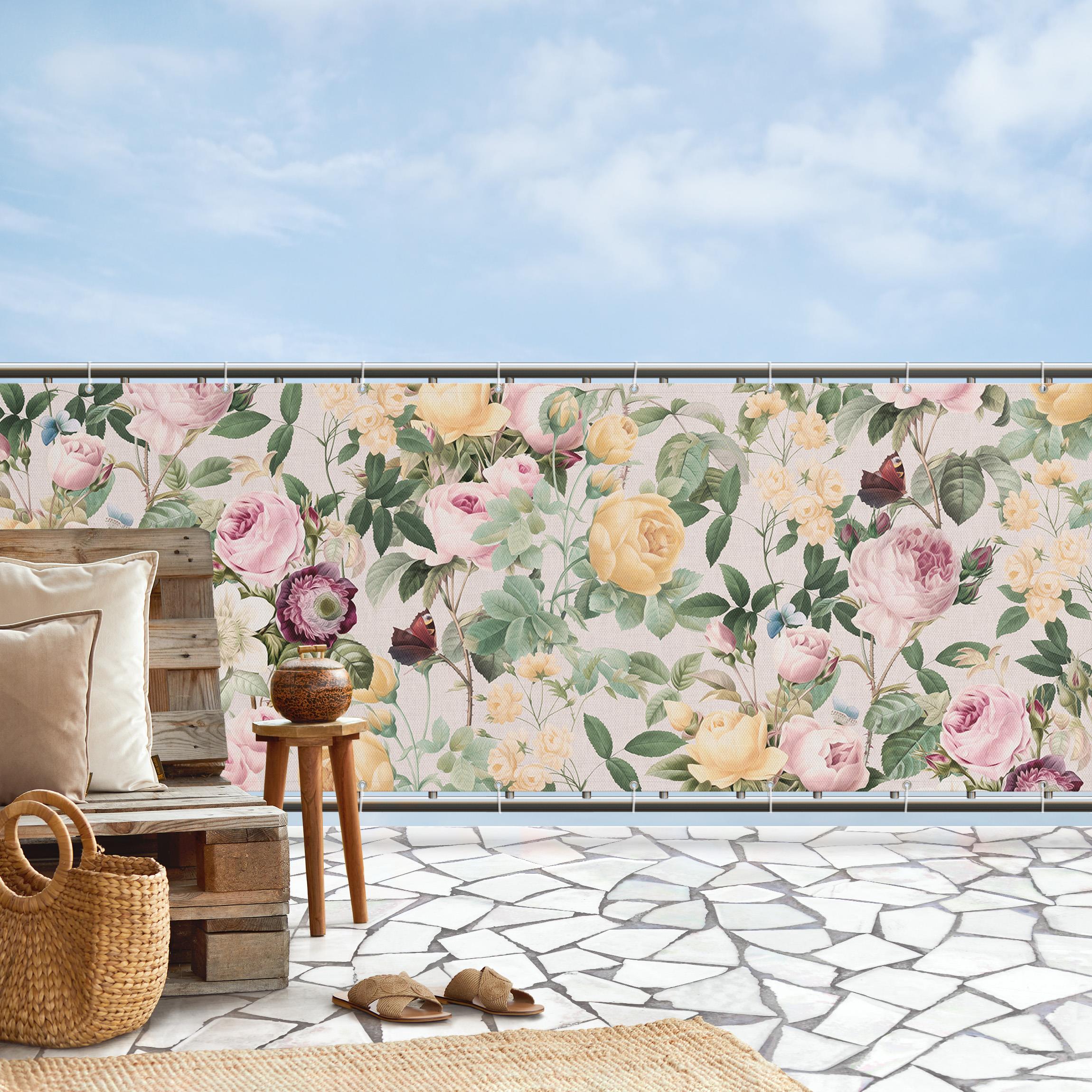 Balkon Sichtschutz Vintage Blumen Illustration XXL