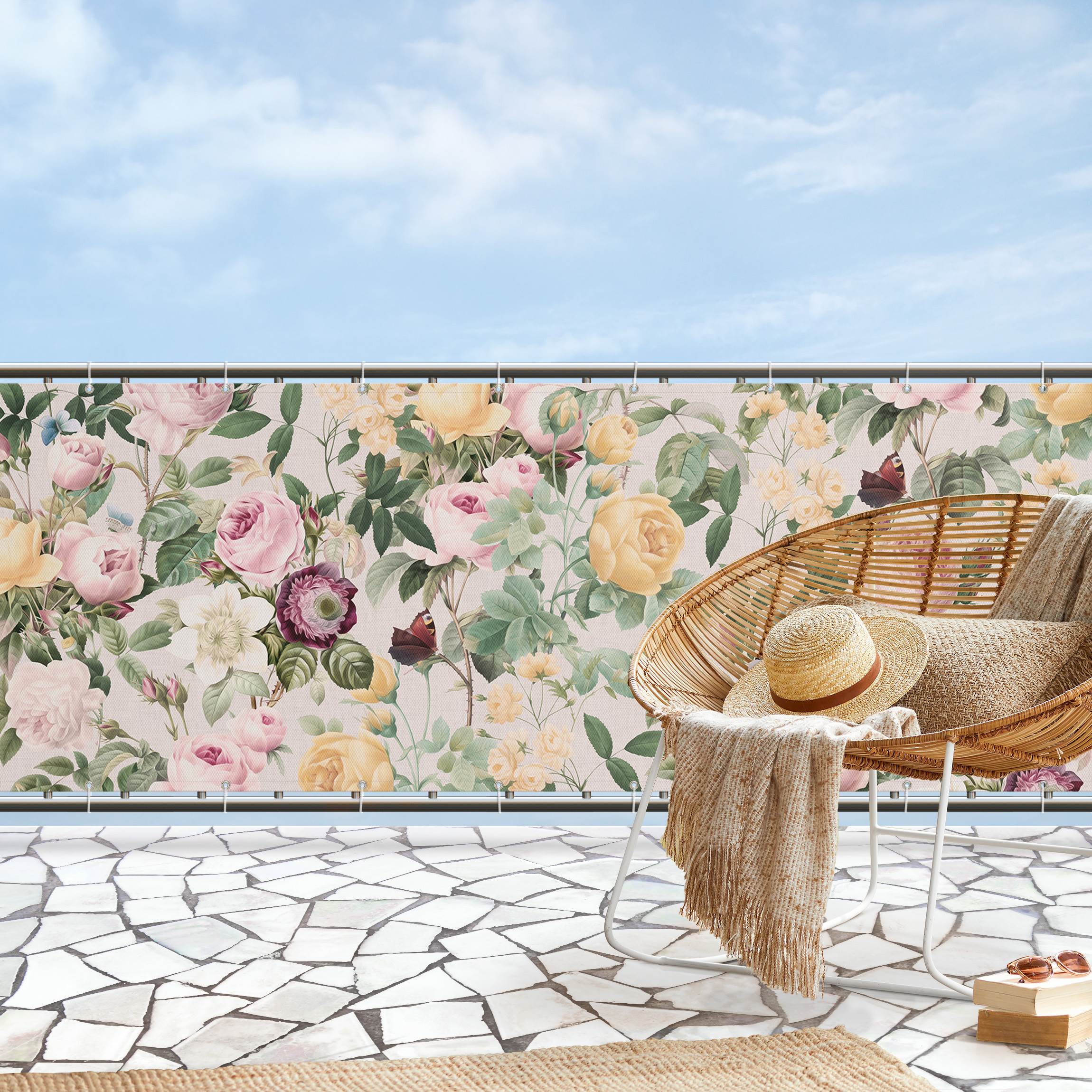 Balkon Sichtschutz Vintage Blumen Illustration XXL