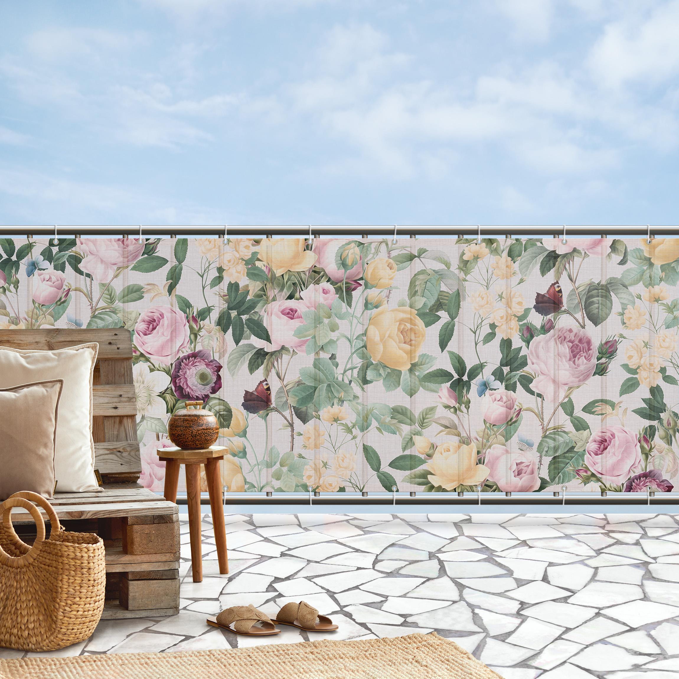 Balkon Sichtschutz Vintage Blumen Illustration XXL
