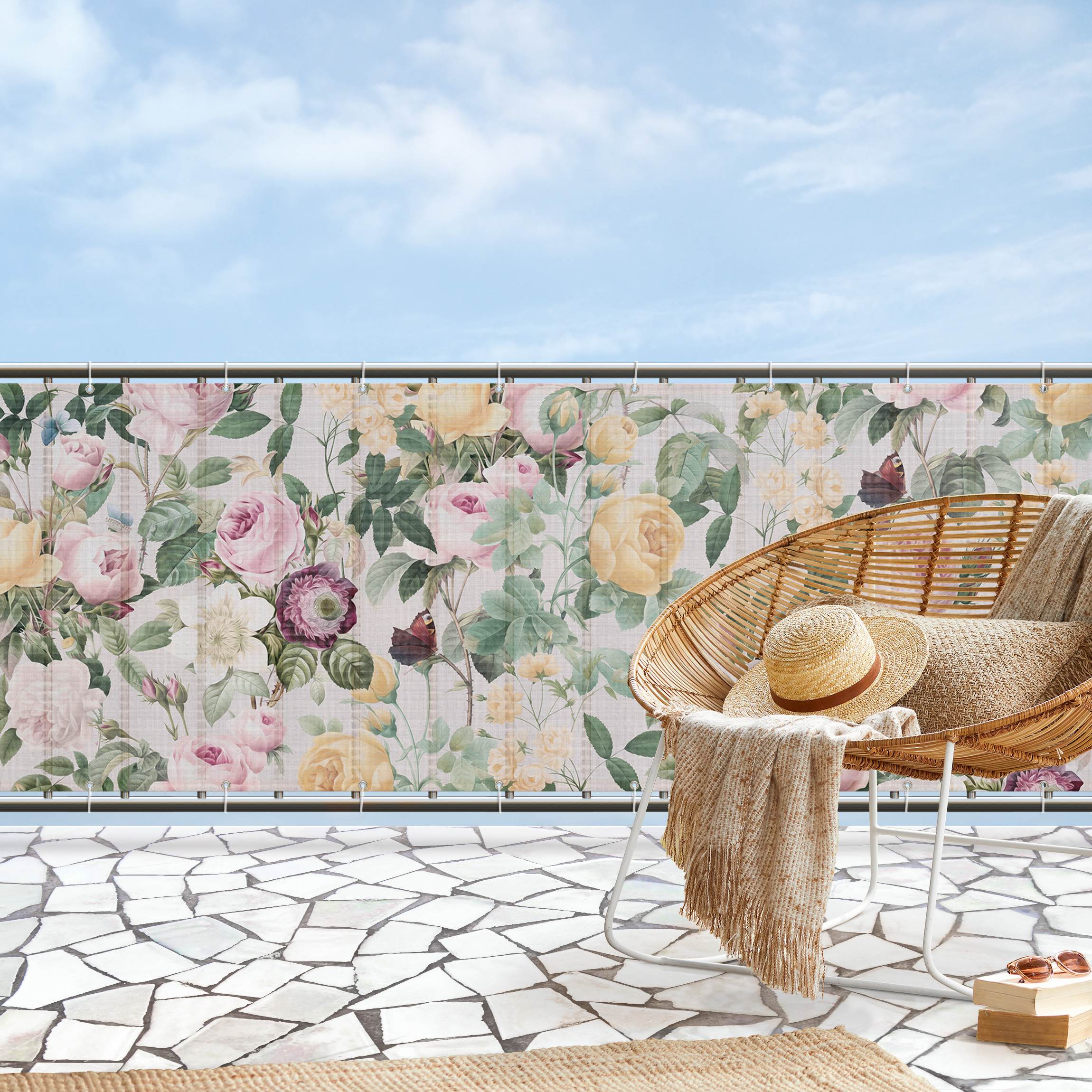 Balkon Sichtschutz Vintage Blumen Illustration XXL