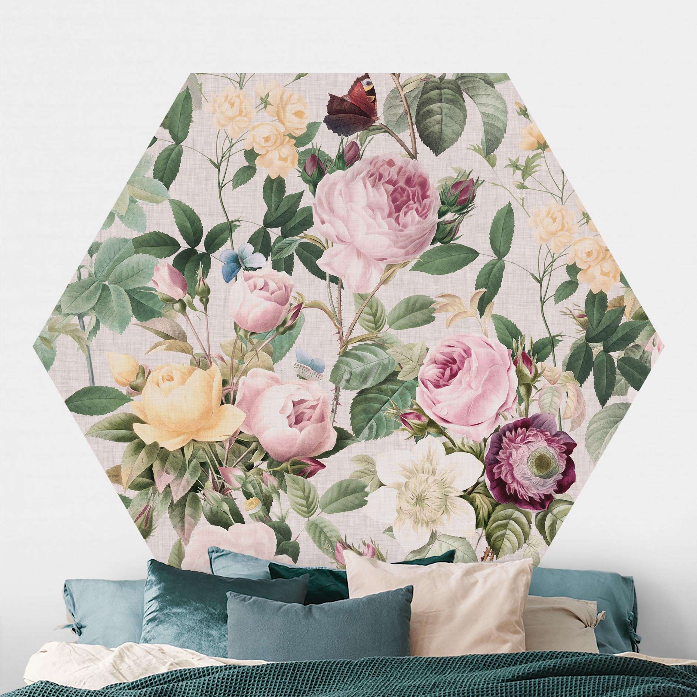Hexagon Fototapete Vintage Blumen Illustration XXL