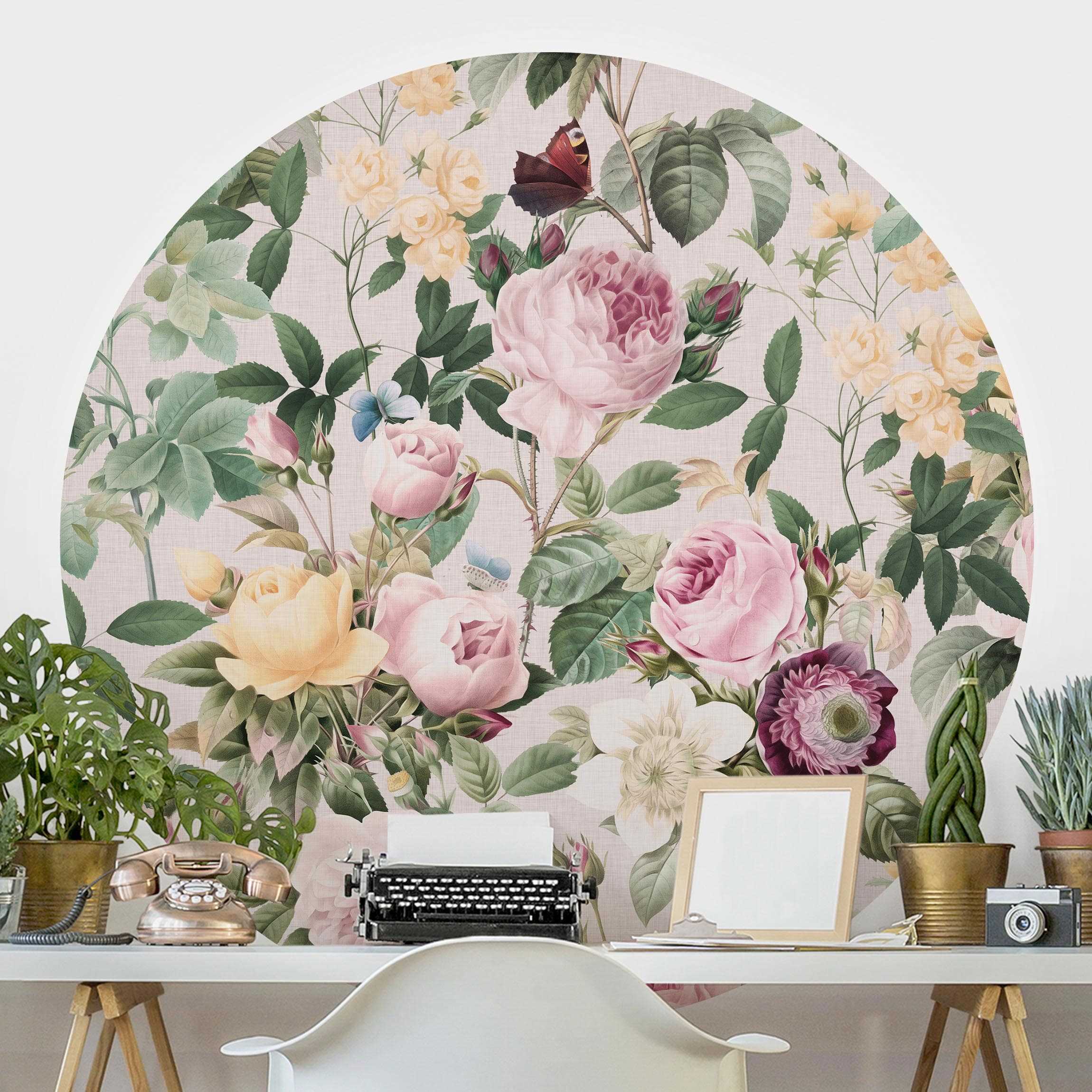 Runde Fototapete Vintage Blumen Illustration XXL