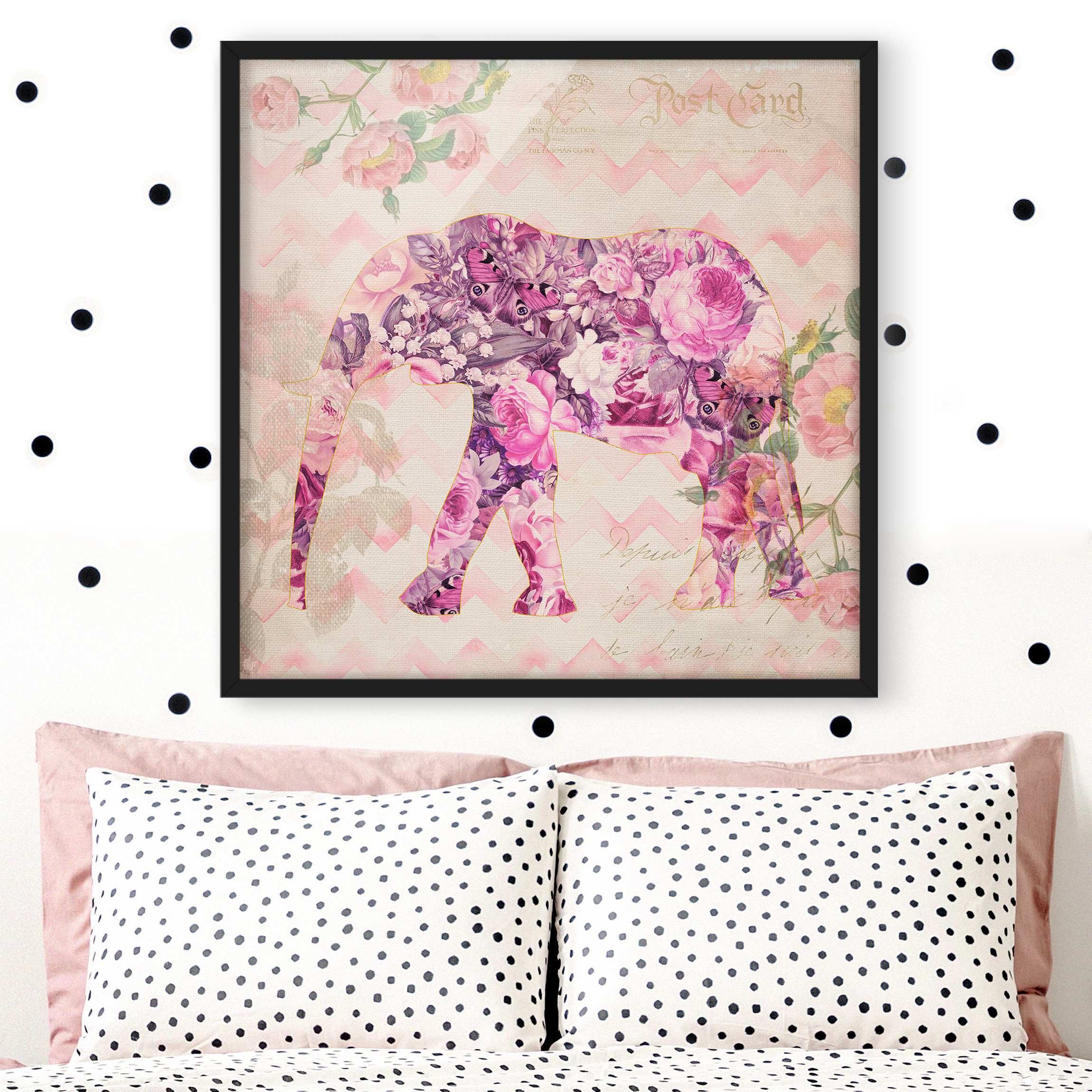 Bild mit Rahmen Vintage Collage - Rosa Blüten Elefant