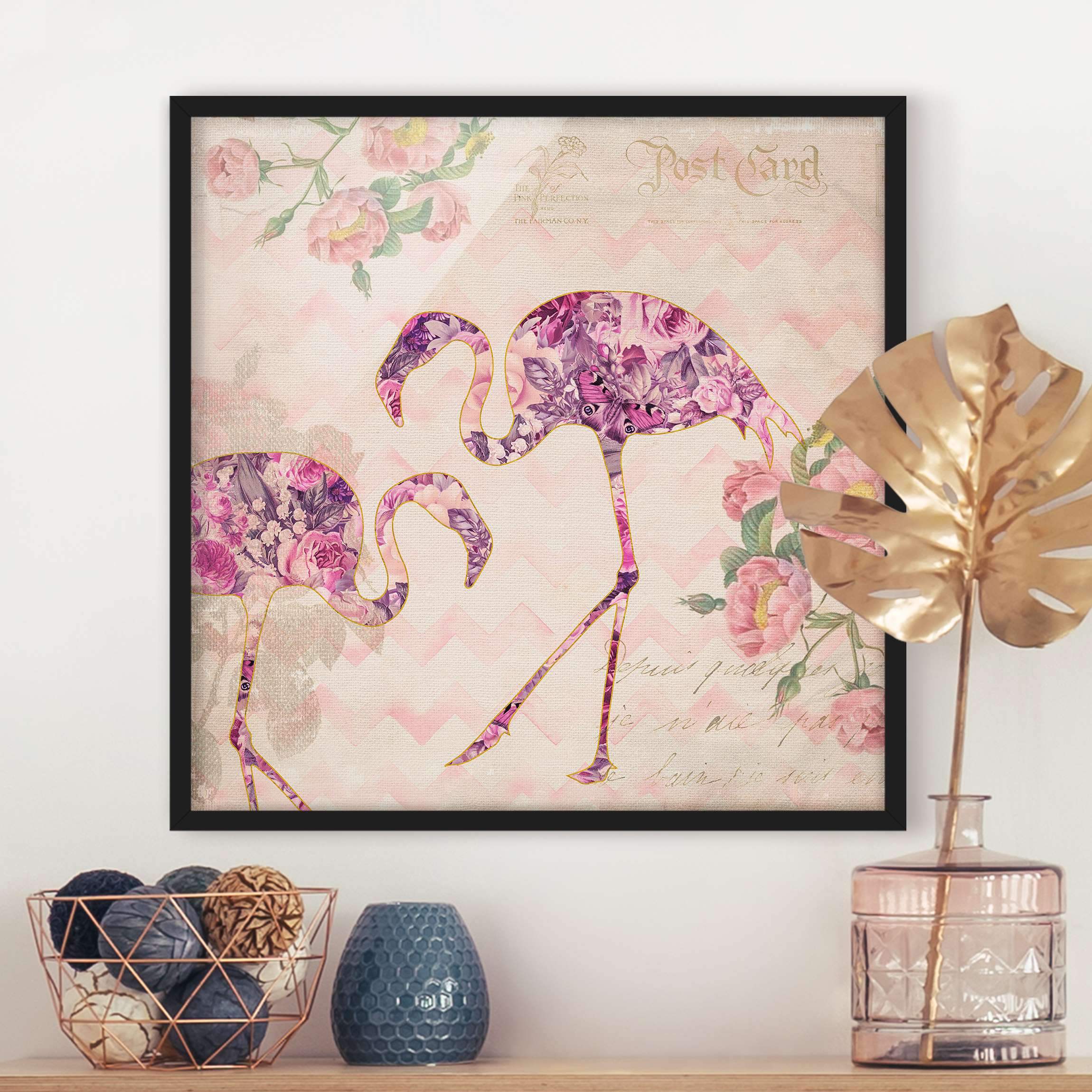 Bild mit Rahmen Vintage Collage - Rosa Blüten Flamingos