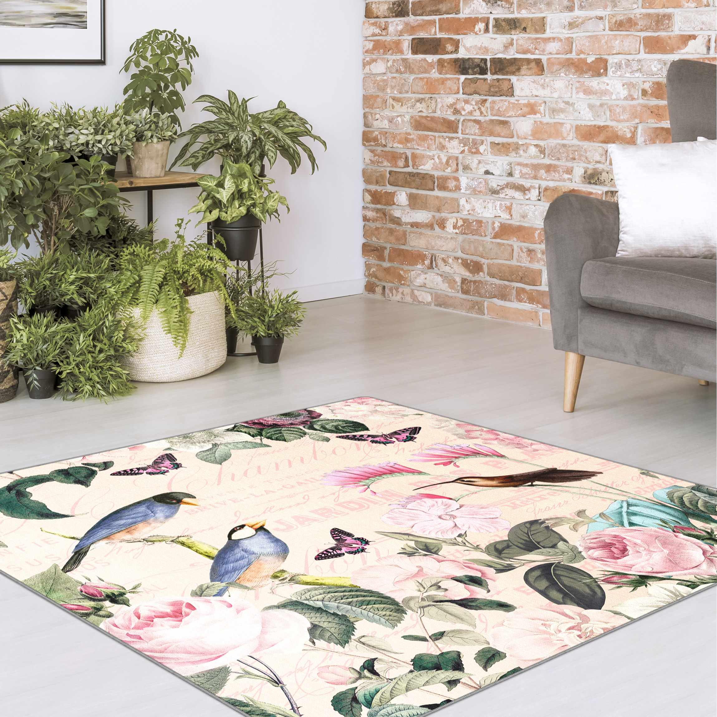 Teppich Vintage Collage - Rosen und Vögel