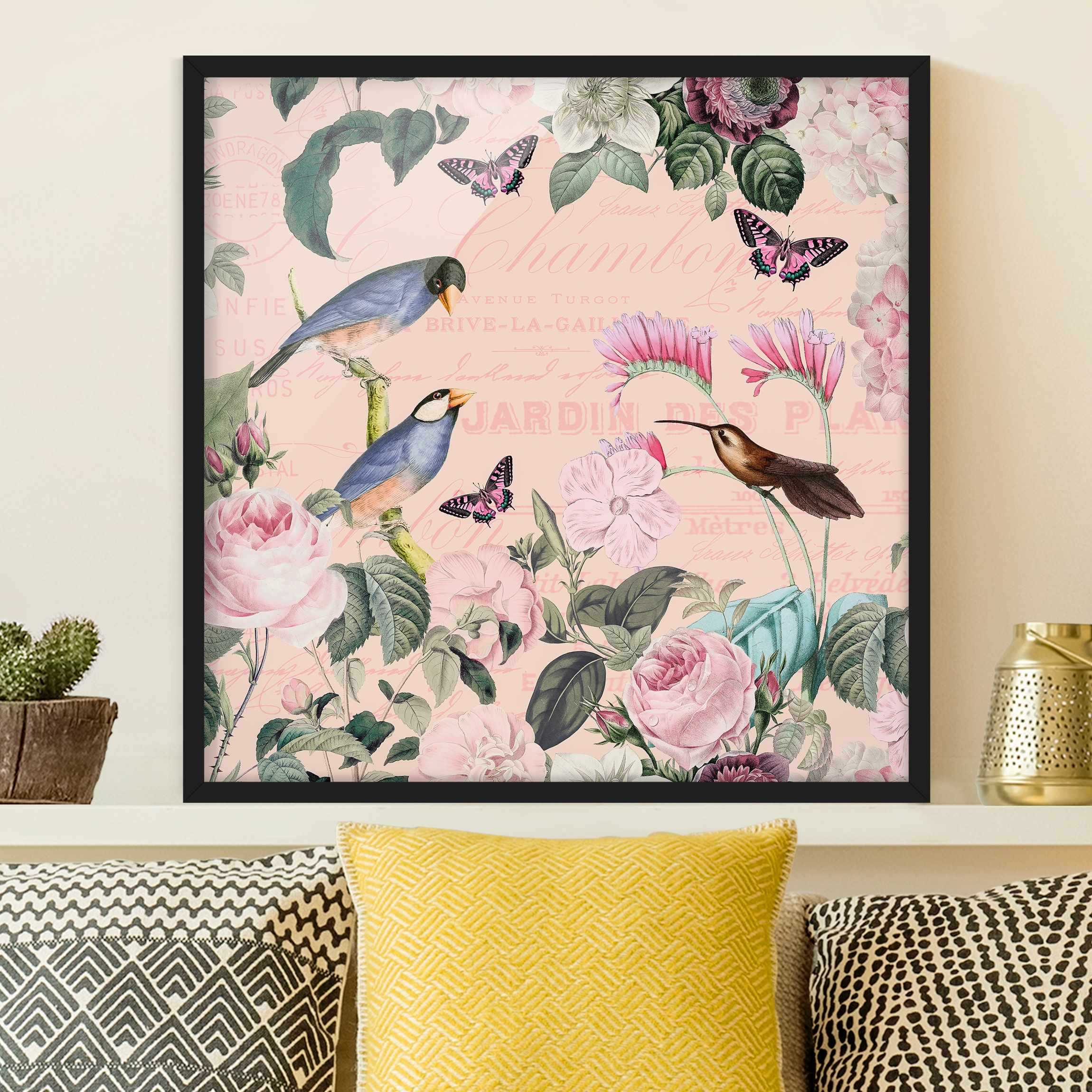 Bild mit Rahmen Vintage Collage - Rosen und Vögel