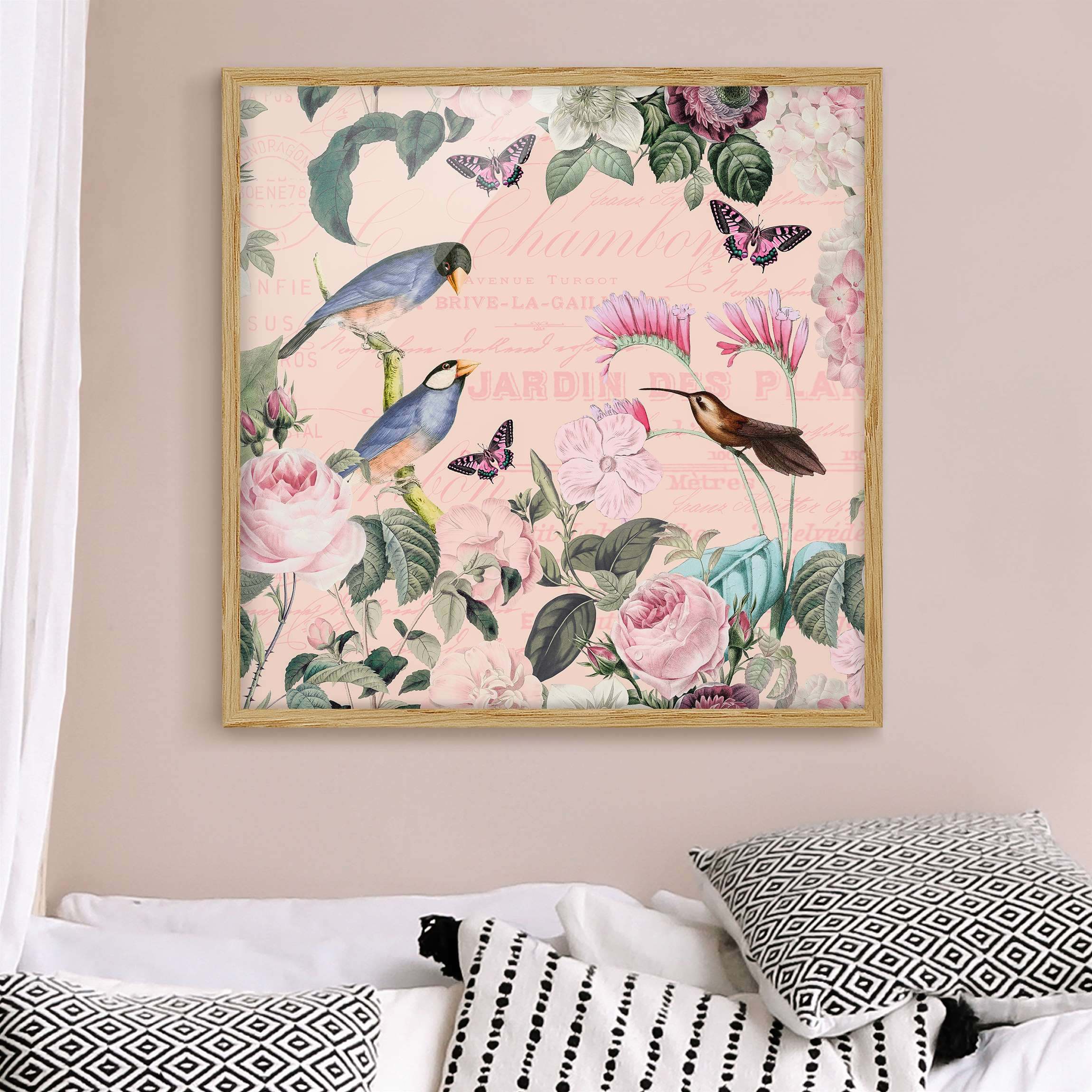 Bild mit Rahmen Vintage Collage - Rosen und Vögel