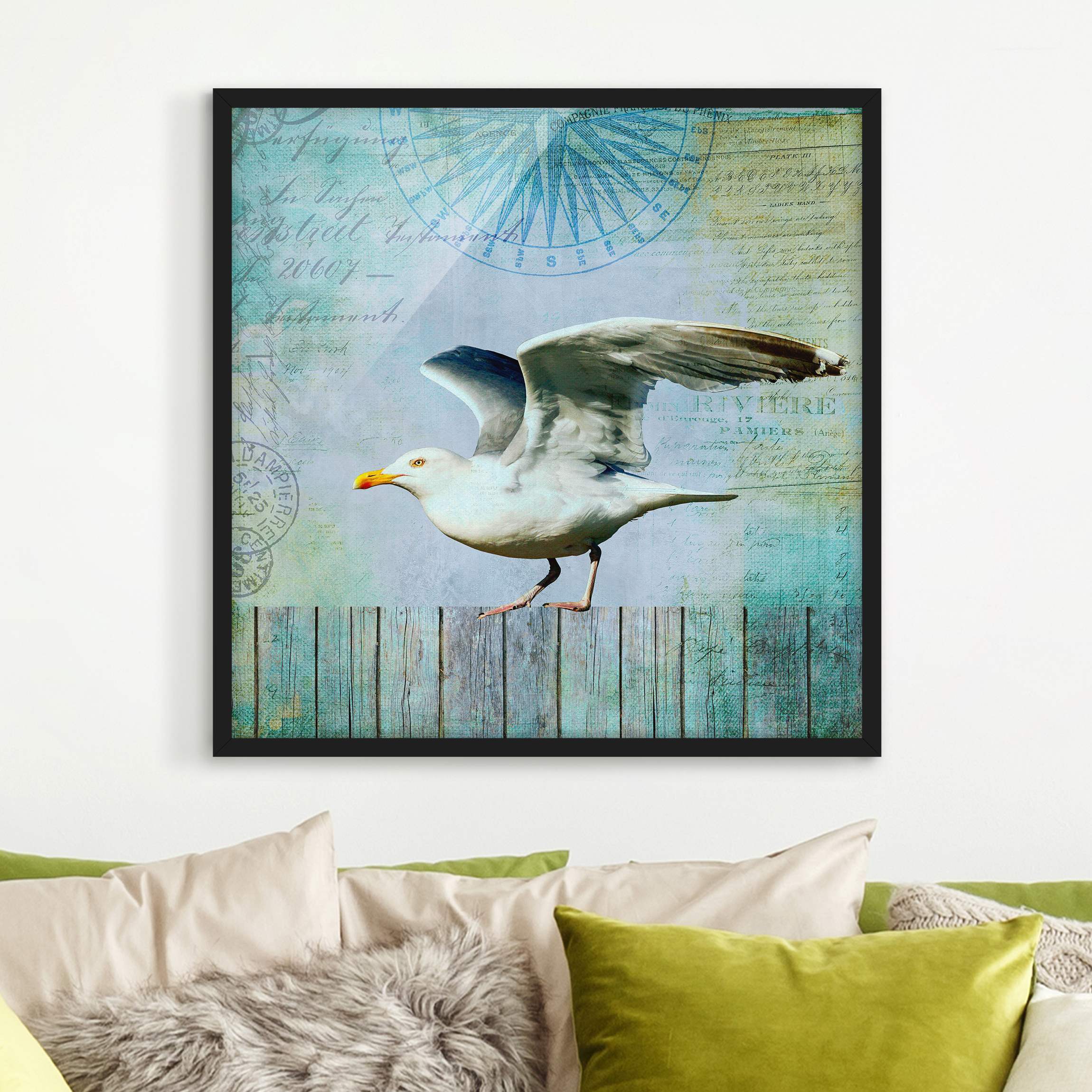 Bild mit Rahmen Vintage Collage - Seemöwe auf Holzplanken