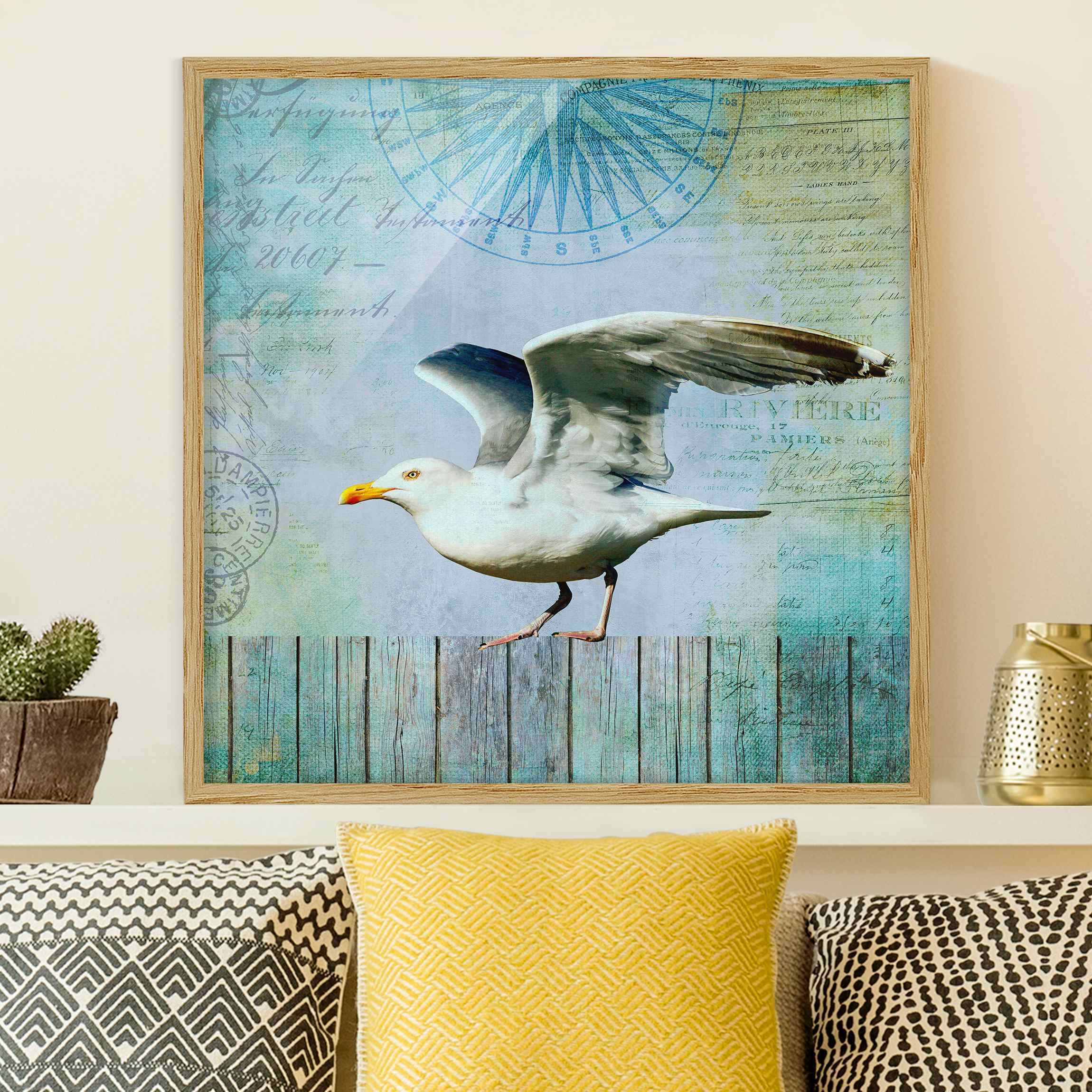 Bild mit Rahmen Vintage Collage - Seemöwe auf Holzplanken