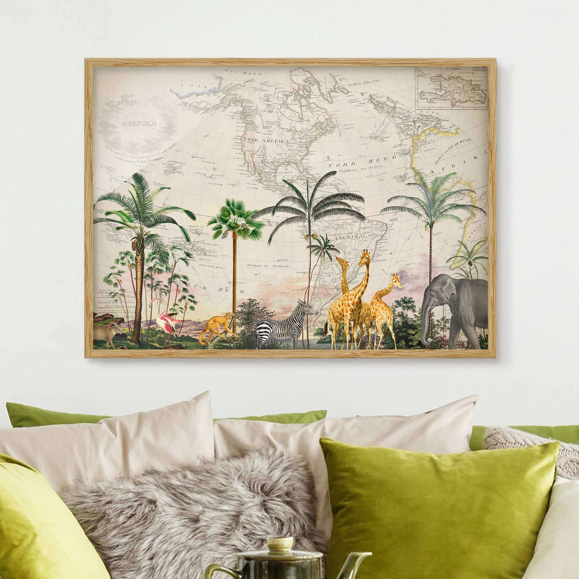 Bild mit Rahmen Vintage Collage - Tierwelt auf Weltkarte
