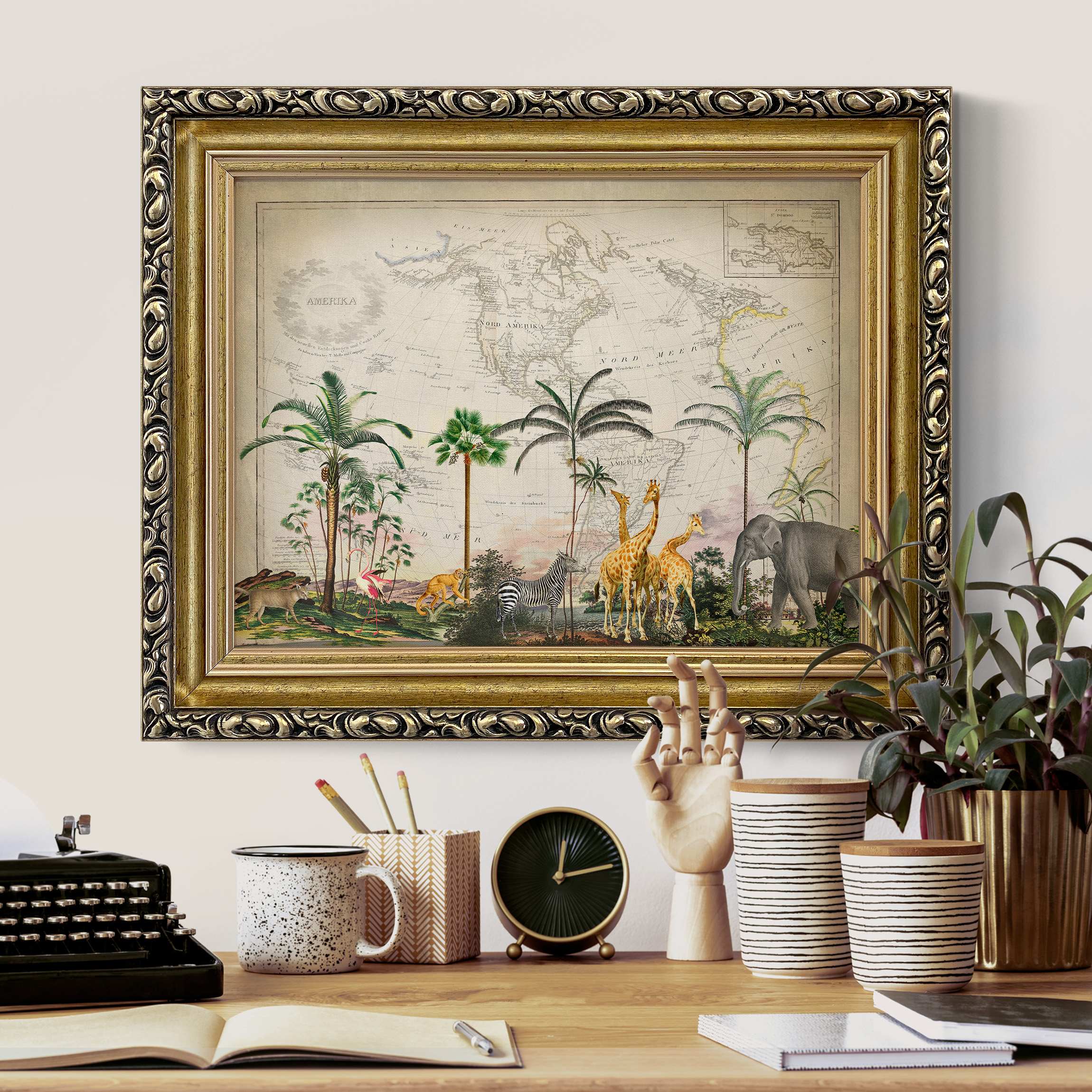 Leinwandbild mit Barockrahmen Vintage Collage - Tierwelt auf Weltkarte