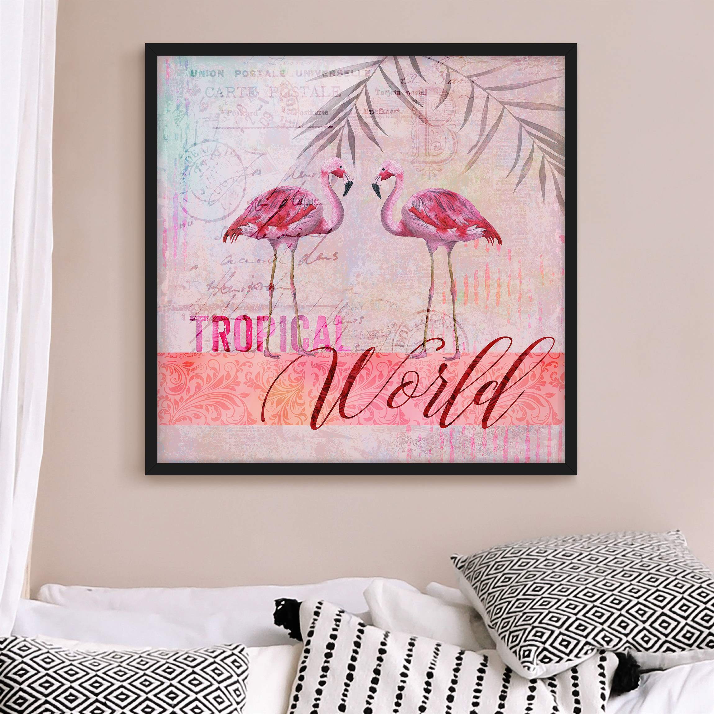 Bild mit Rahmen Vintage Collage - Tropical World Flamingos