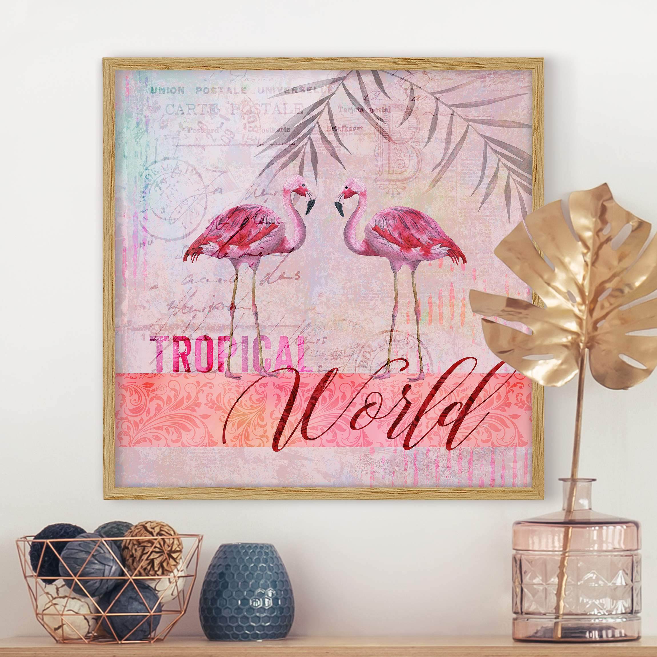 Bild mit Rahmen Vintage Collage - Tropical World Flamingos
