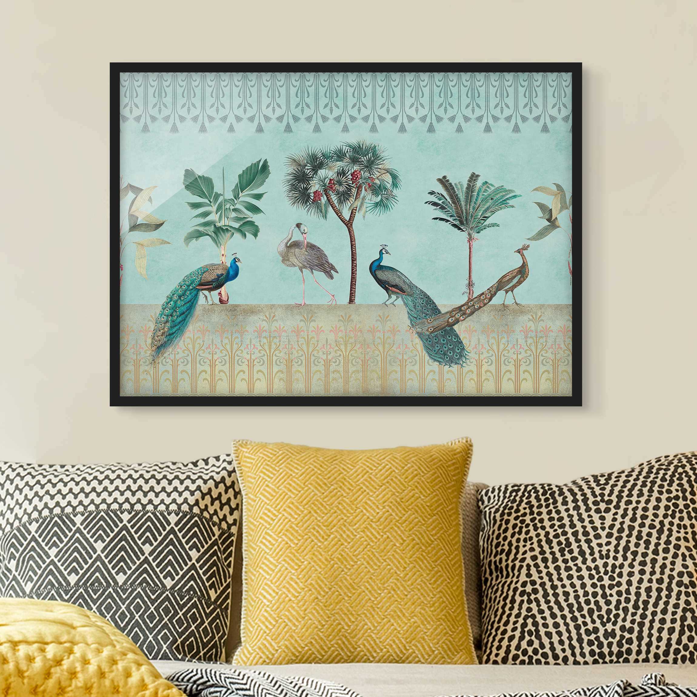 Bild mit Rahmen Vintage Collage - Tropische Vögel mit Palmen