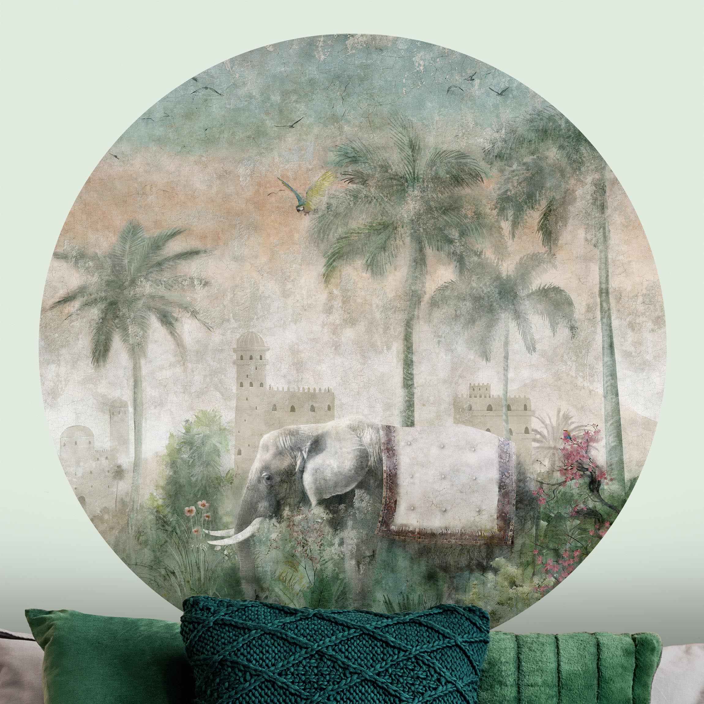 Runde Tapete selbstklebend Vintage Dschungel Szene mit Elefant