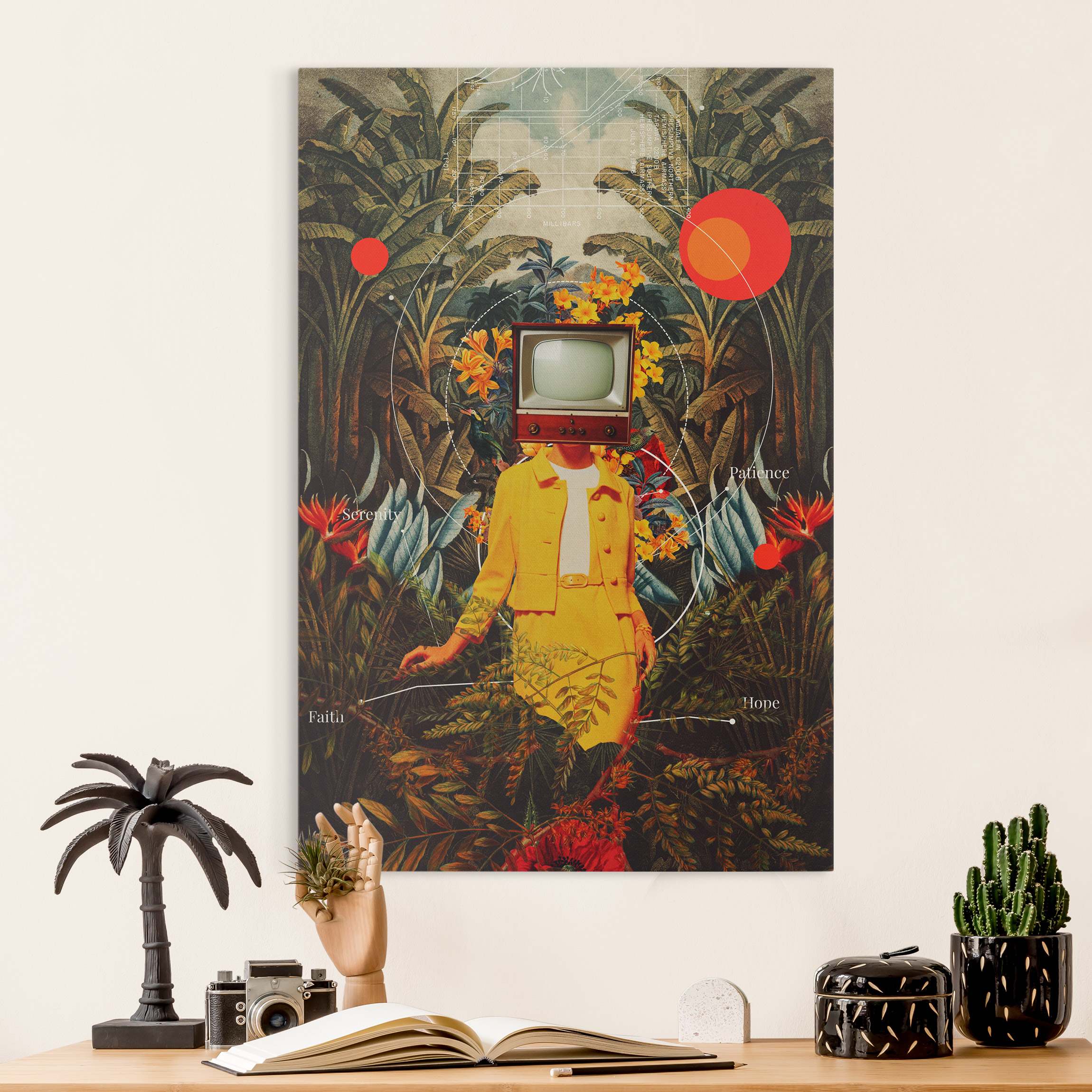 Leinwandbild Vintage Fernseher im Dschungel